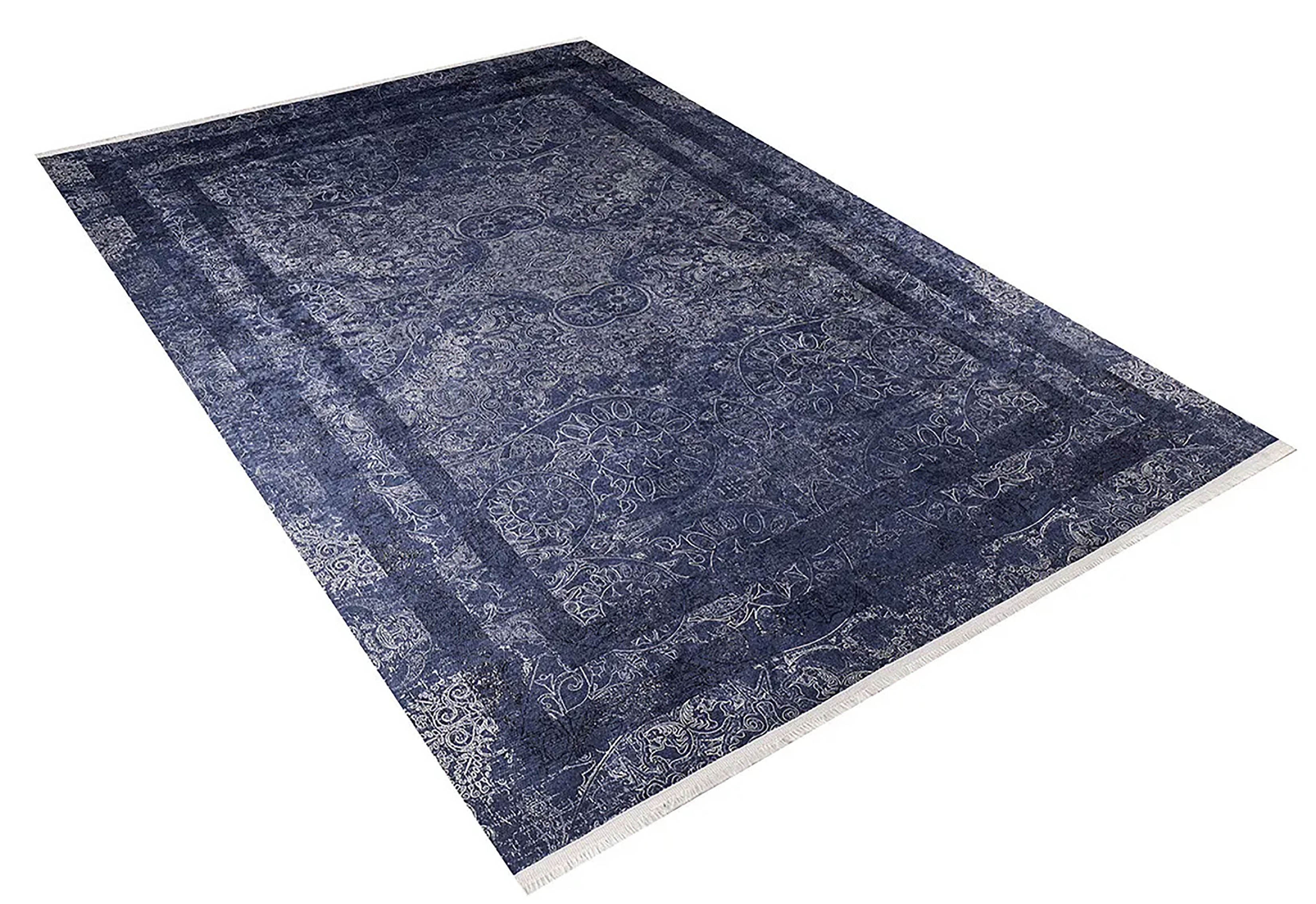 Marisol Marble Navy Blue Bordered Geometric Rug