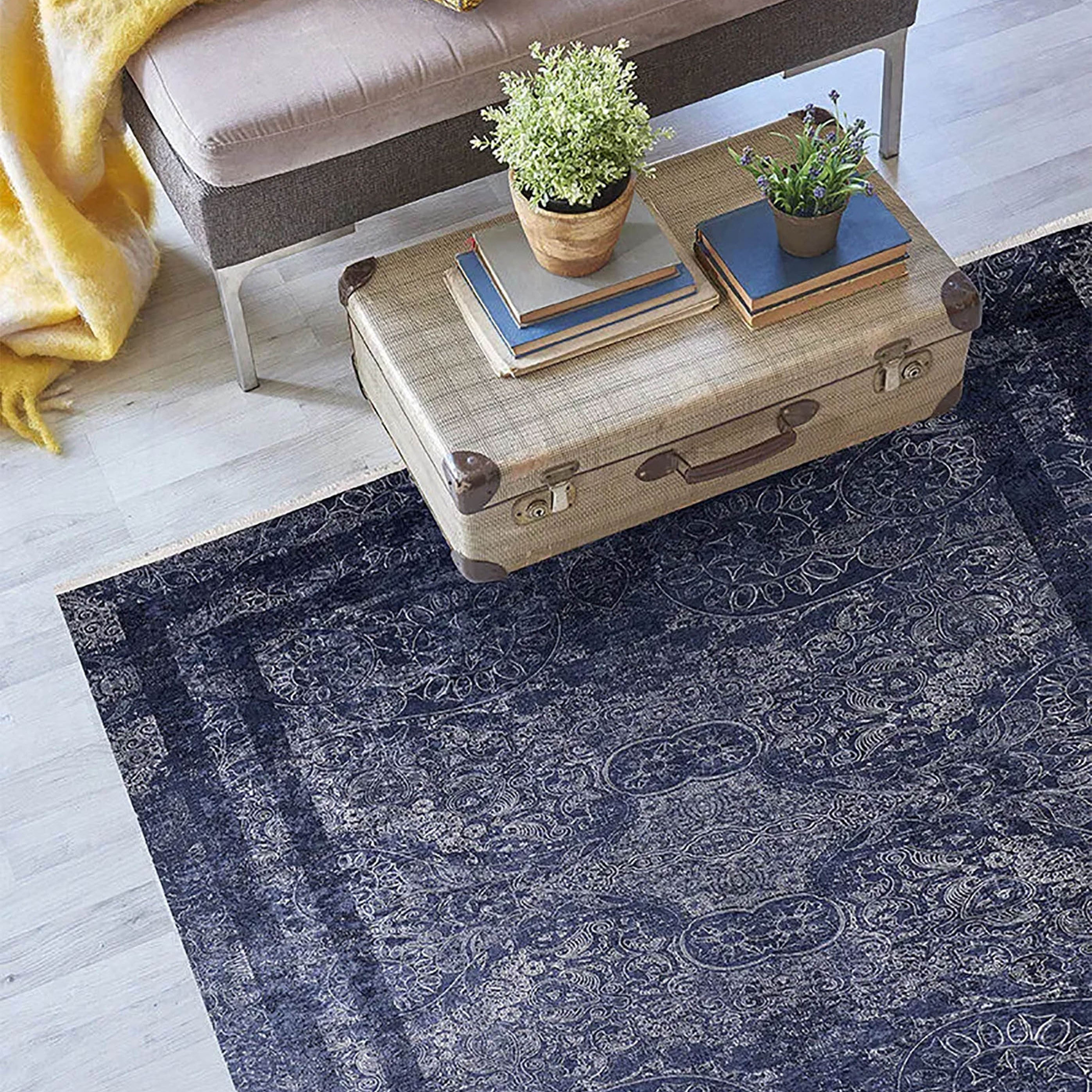 Marisol Marble Navy Blue Bordered Geometric Rug