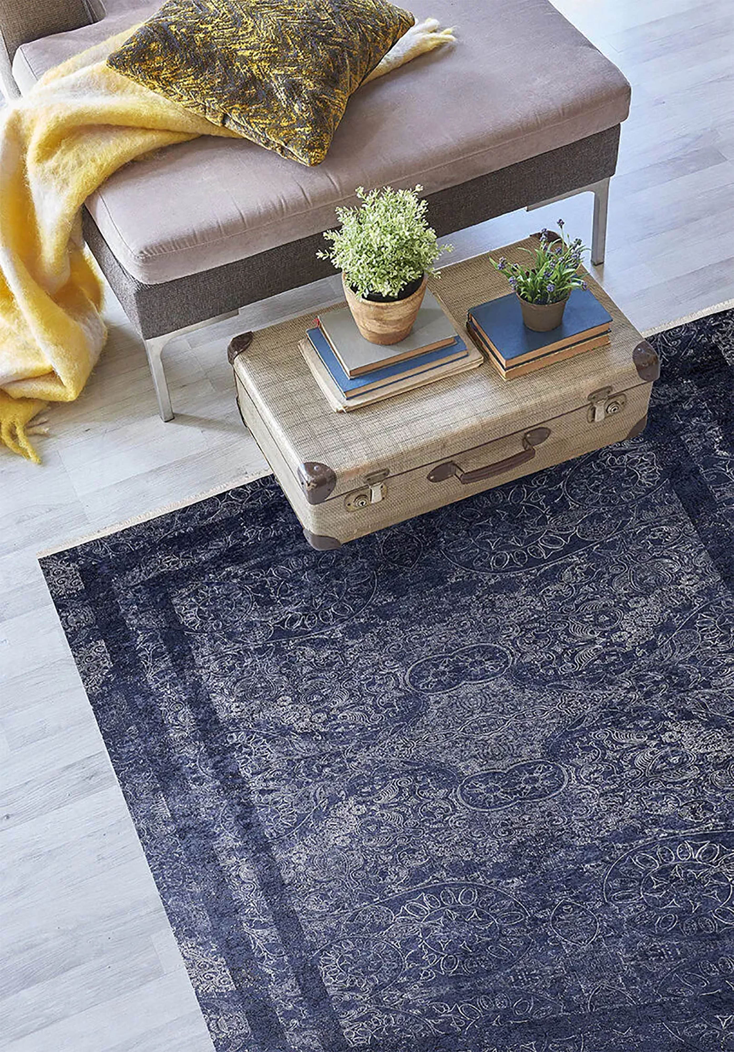 Marisol Marble Navy Blue Bordered Geometric Rug