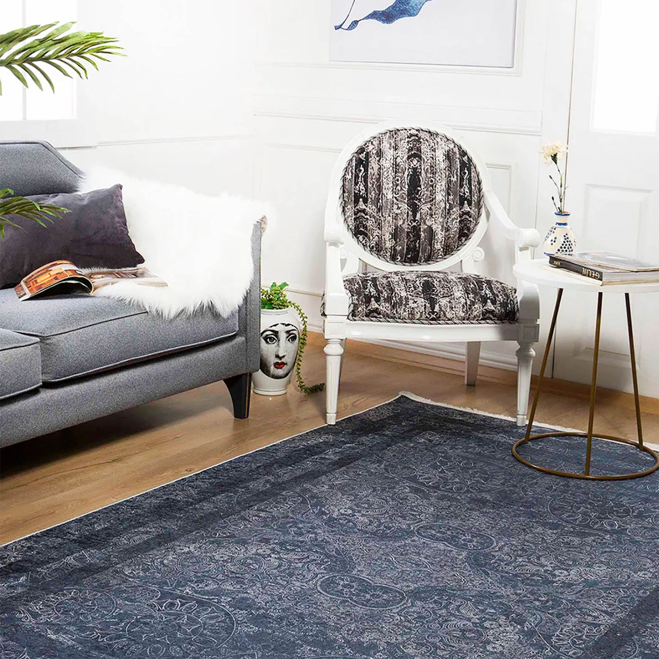 Marisol Marble Navy Blue Bordered Geometric Rug