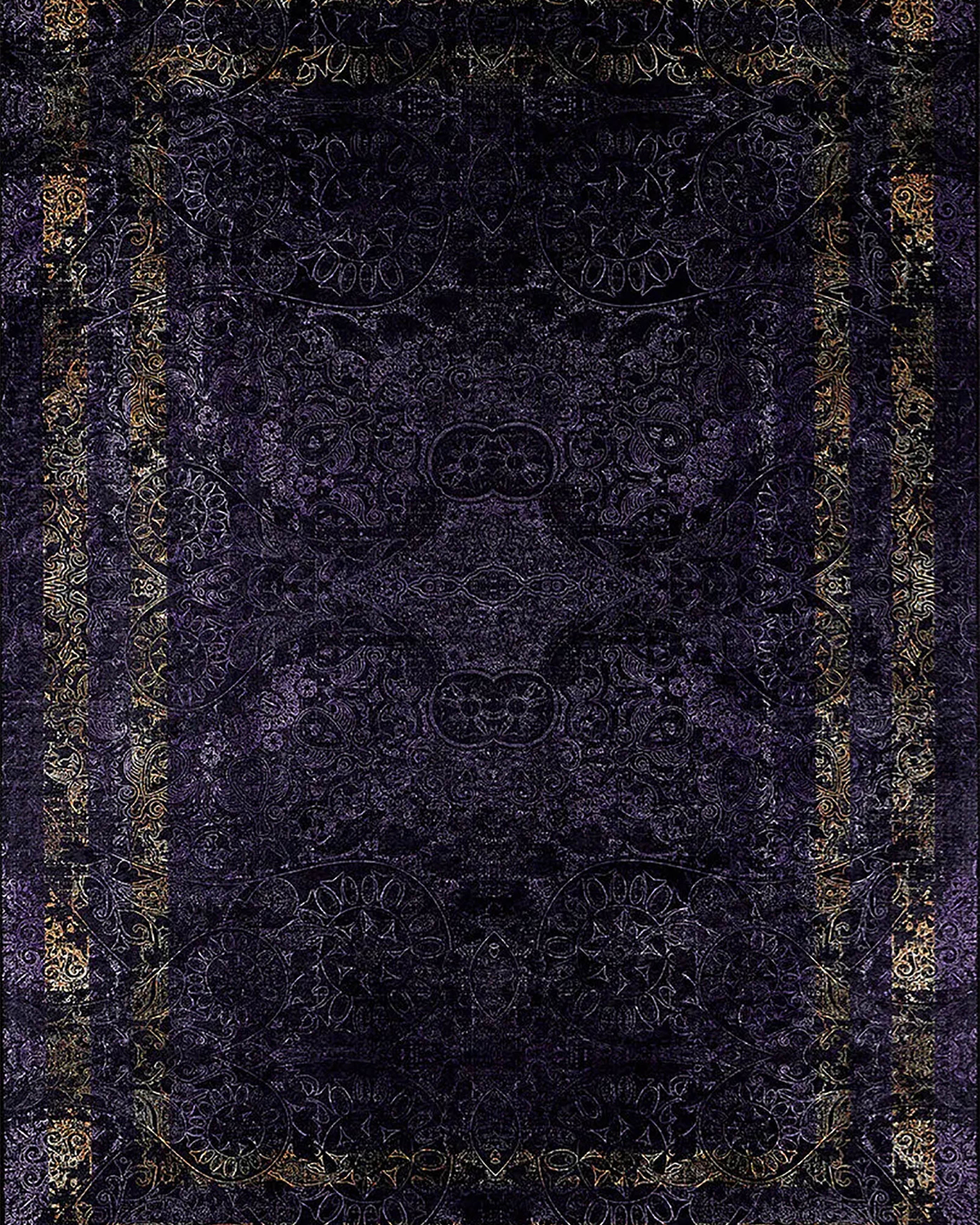 Veda Marble Black Gold Purple Bordered Geometric Rug