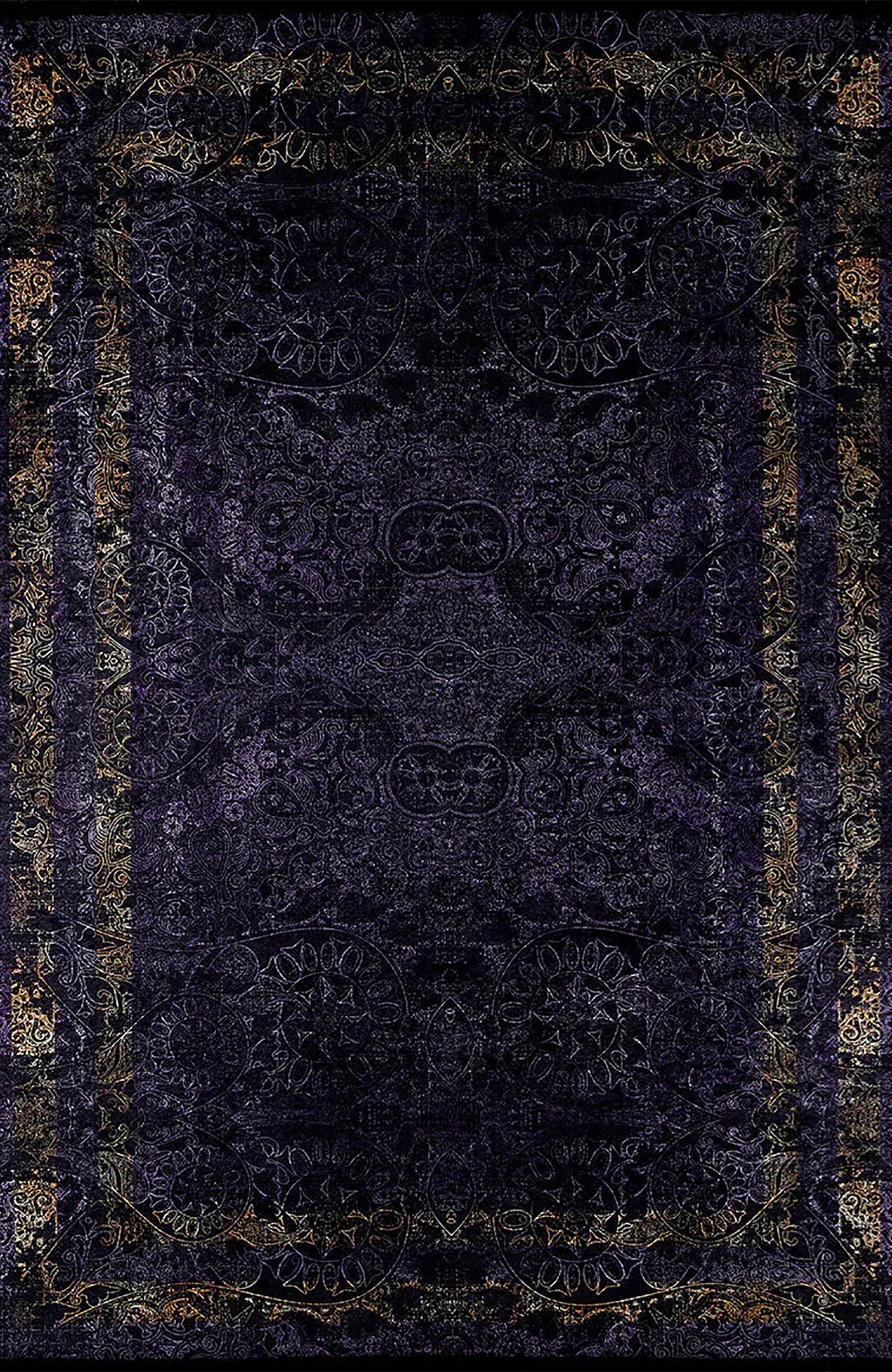 Veda Marble Black Gold Purple Bordered Geometric Rug