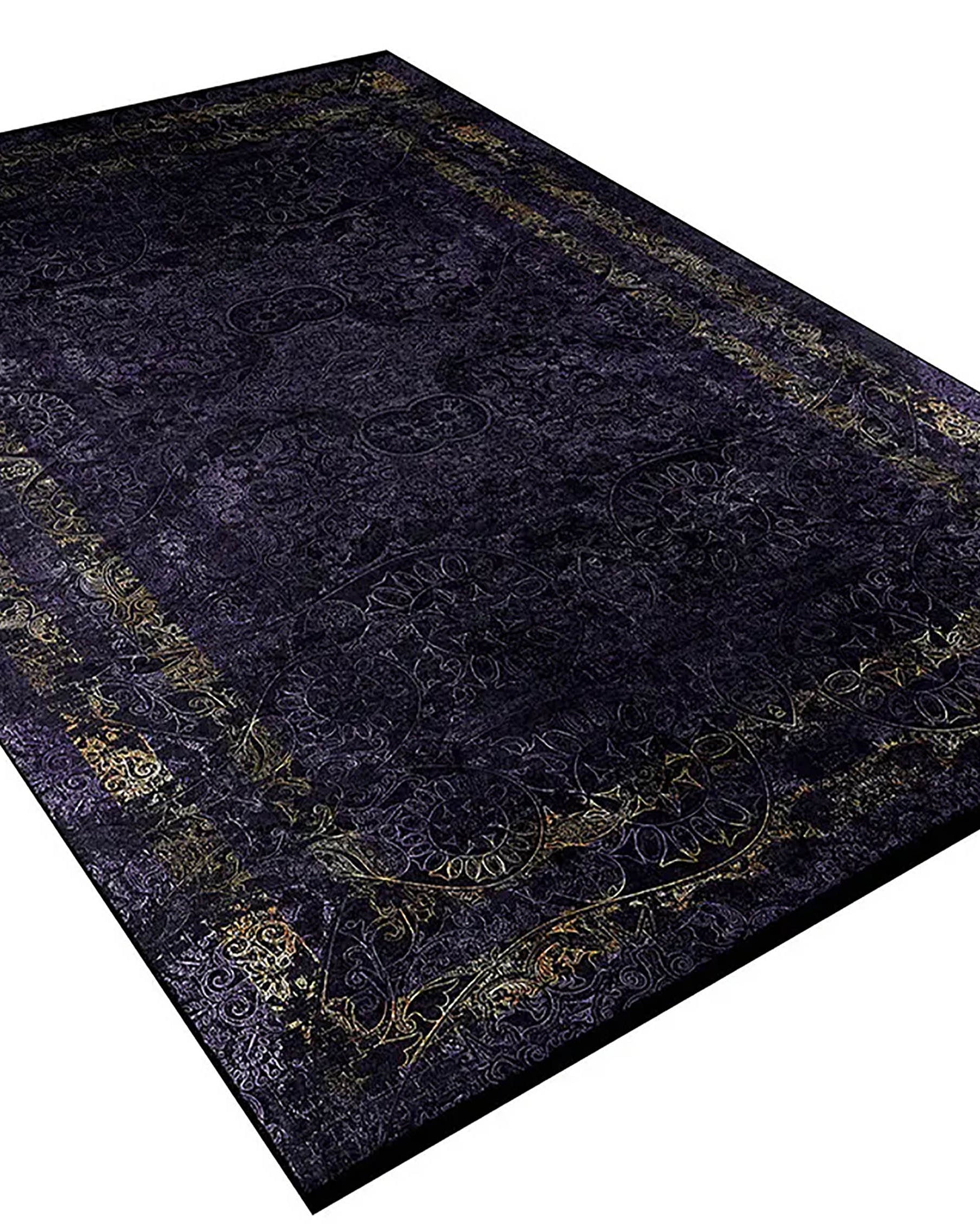 Veda Marble Black Gold Purple Bordered Geometric Rug