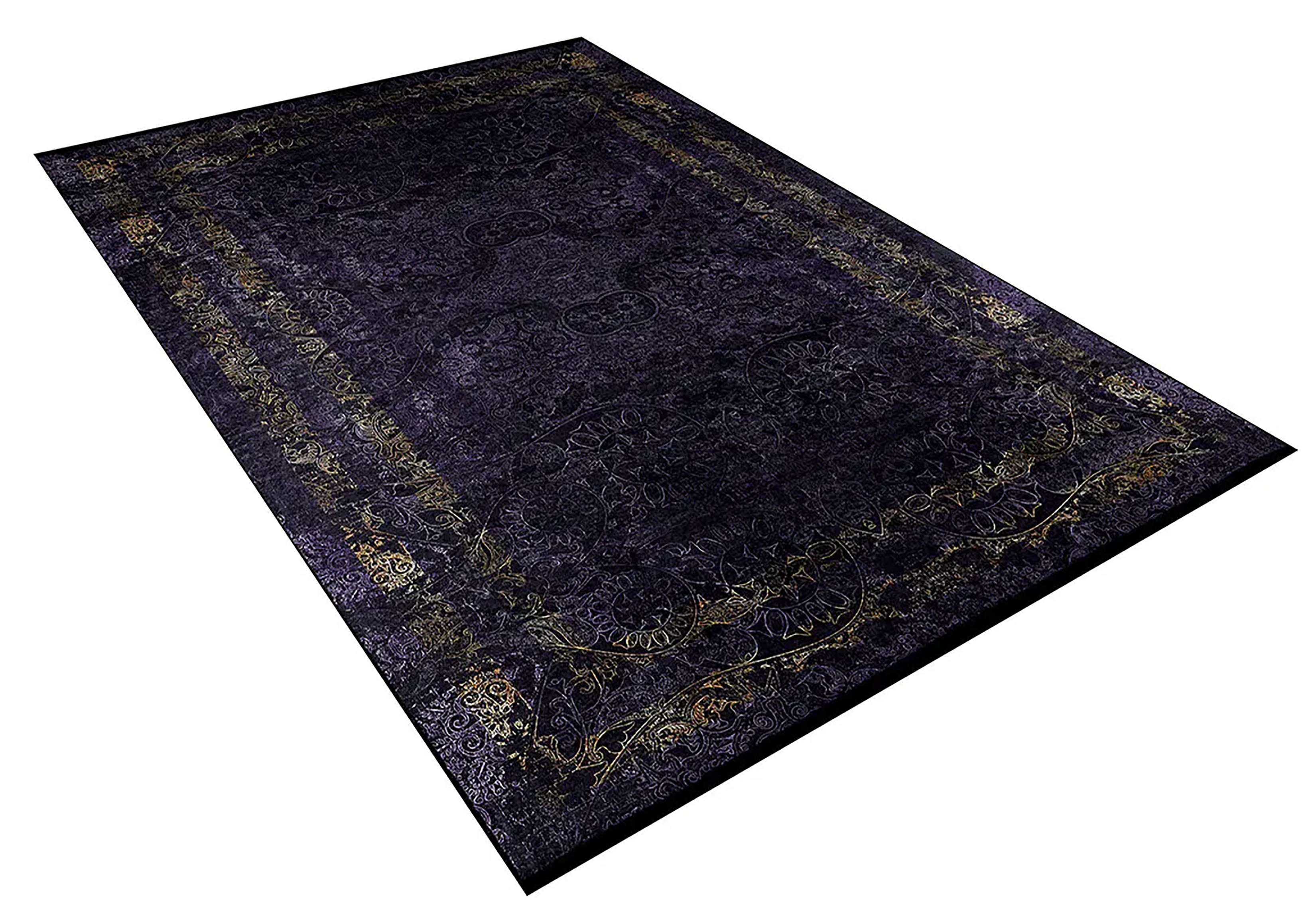 Veda Marble Black Gold Purple Bordered Geometric Rug