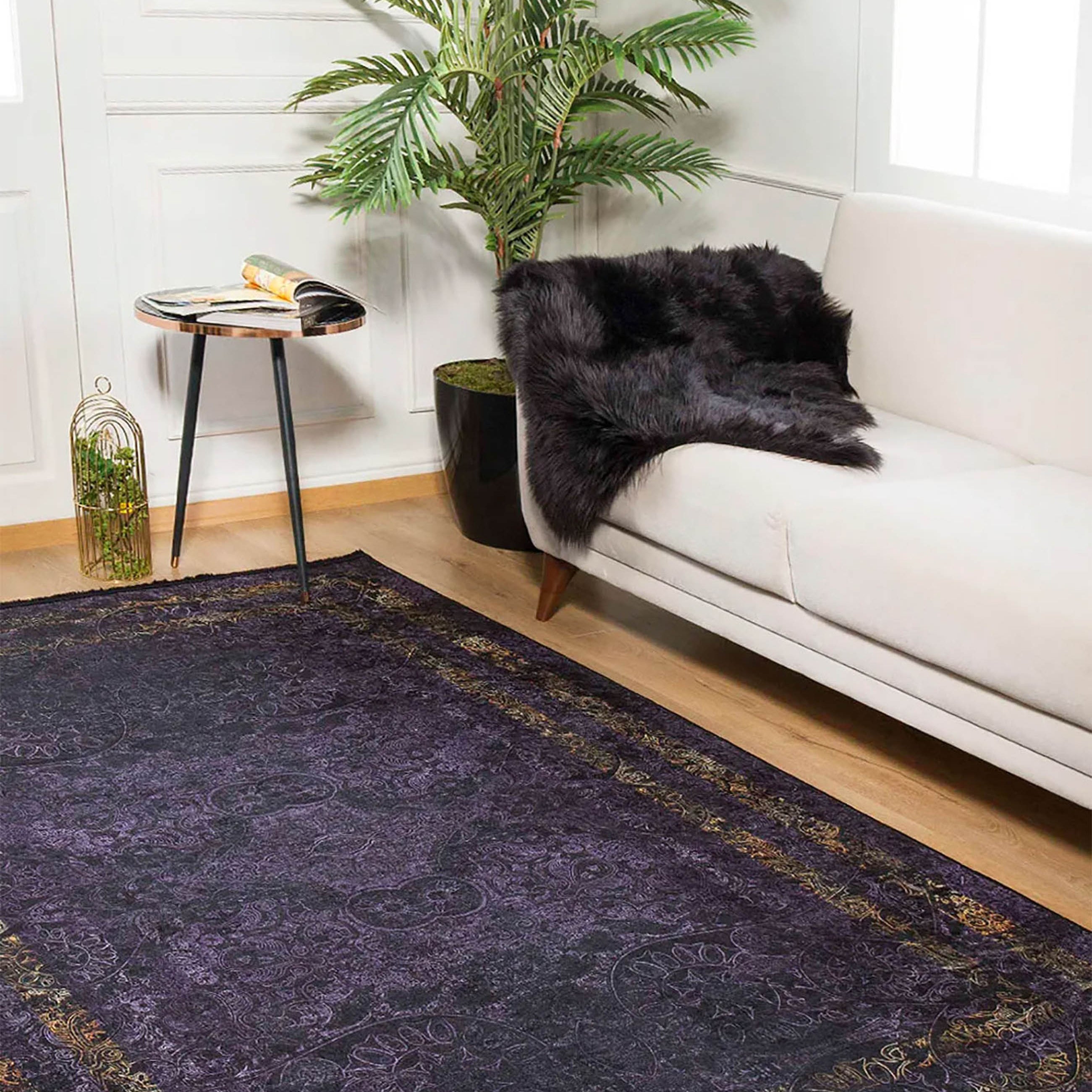 Veda Marble Black Gold Purple Bordered Geometric Rug
