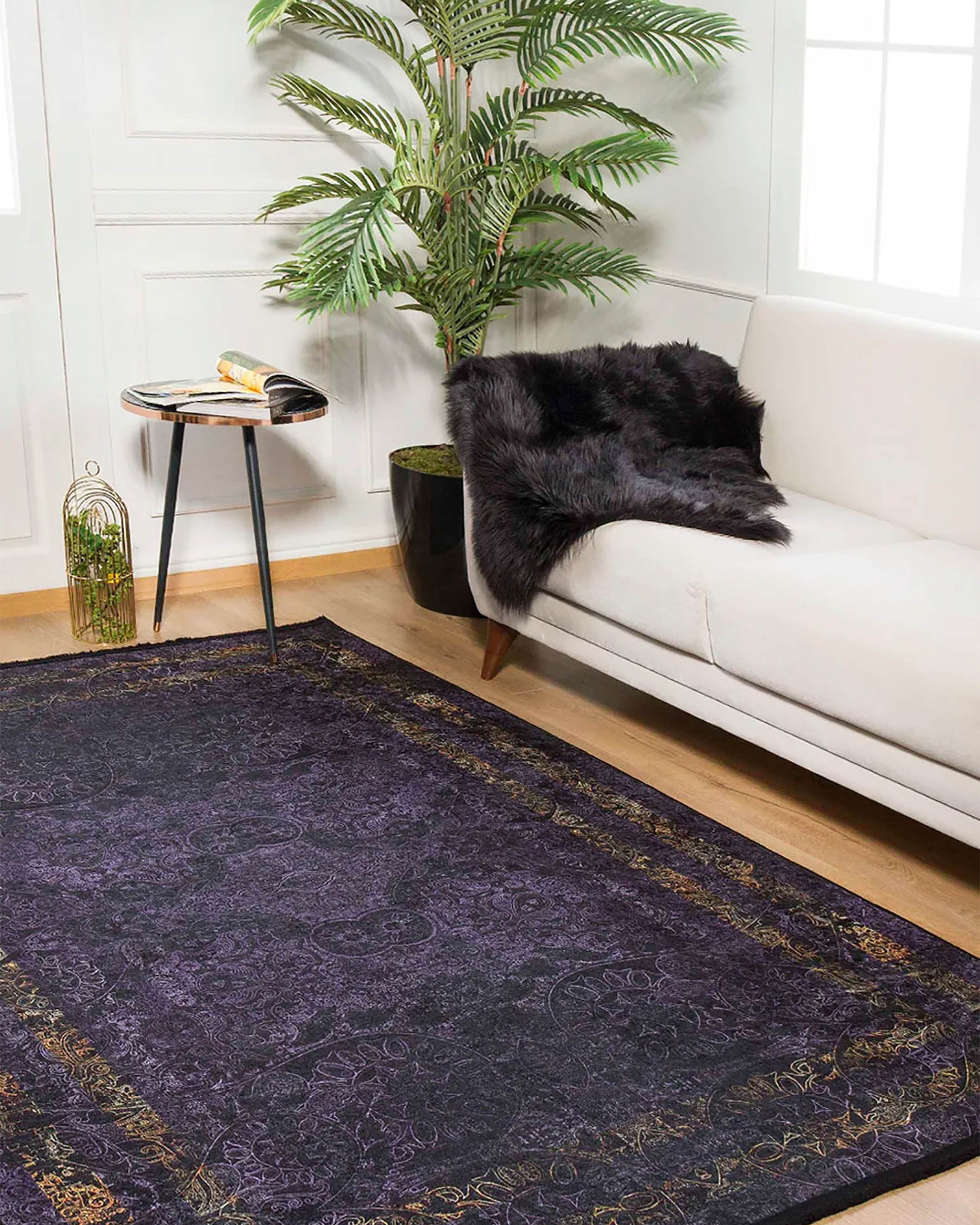 Veda Marble Black Gold Purple Bordered Geometric Rug