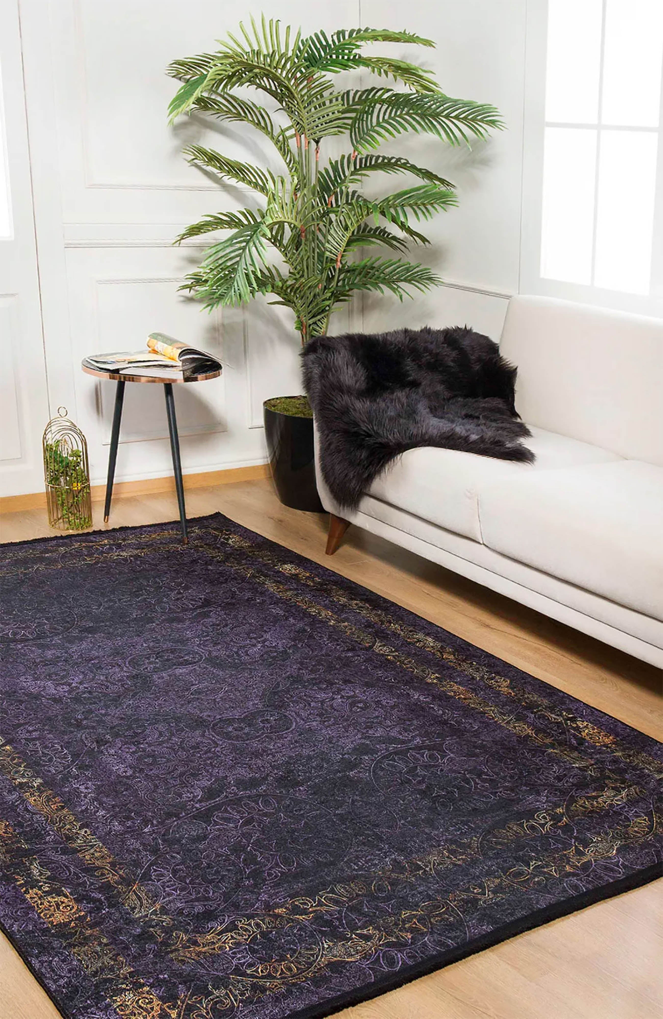 Veda Marble Black Gold Purple Bordered Geometric Rug
