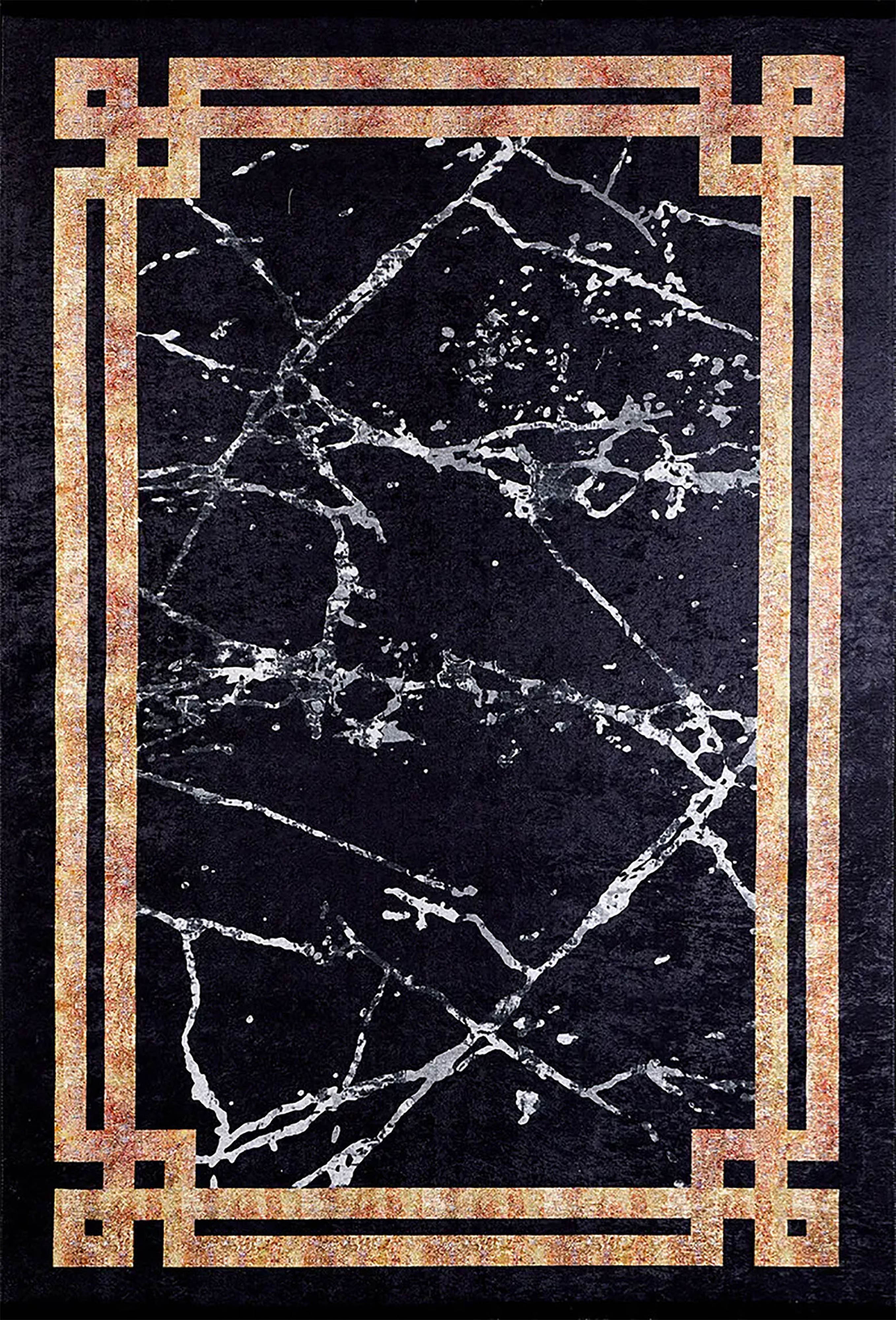 Gale Marble Style Black Bordered Geometric Rug