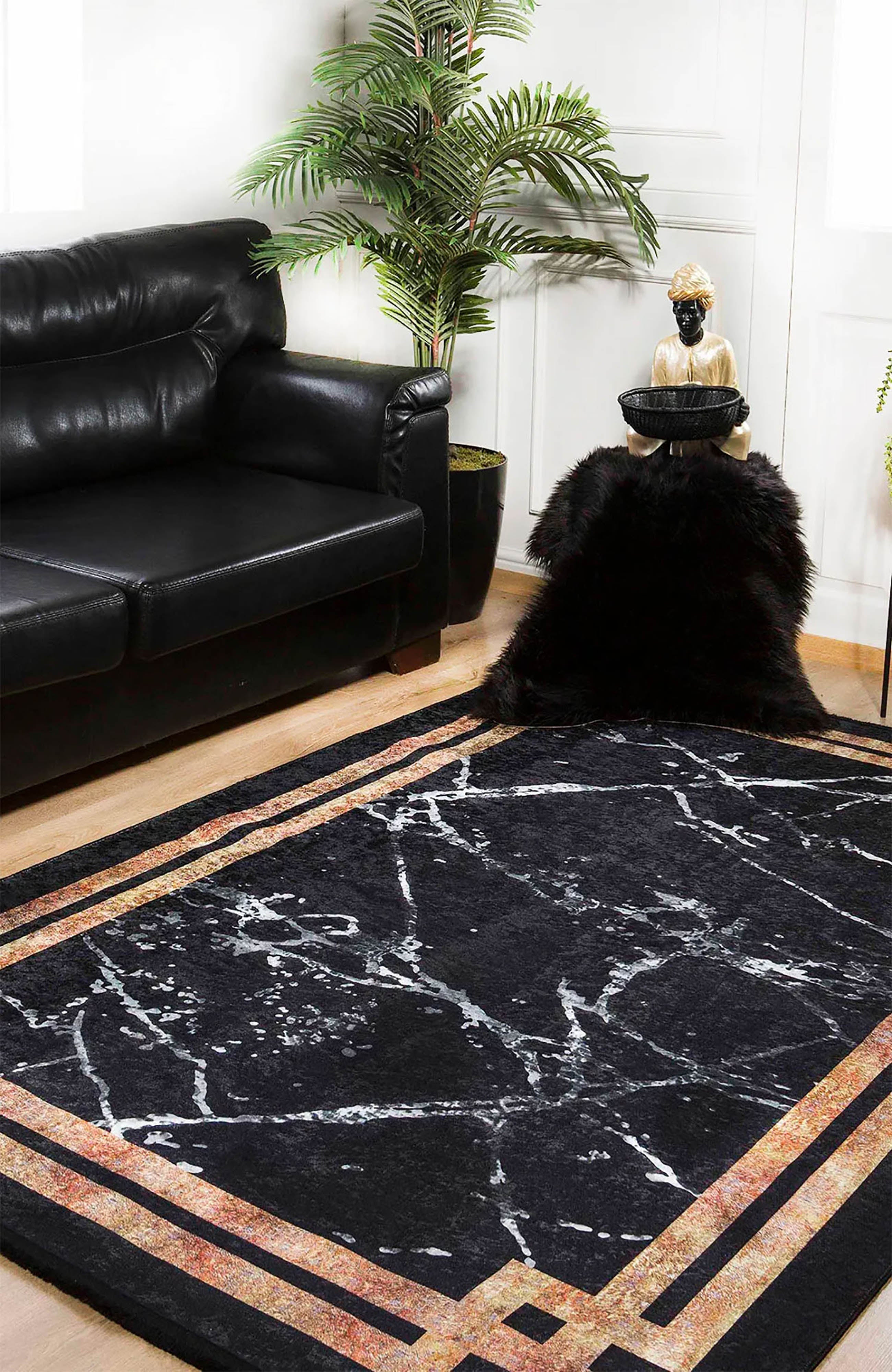 Gale Marble Style Black Bordered Geometric Rug