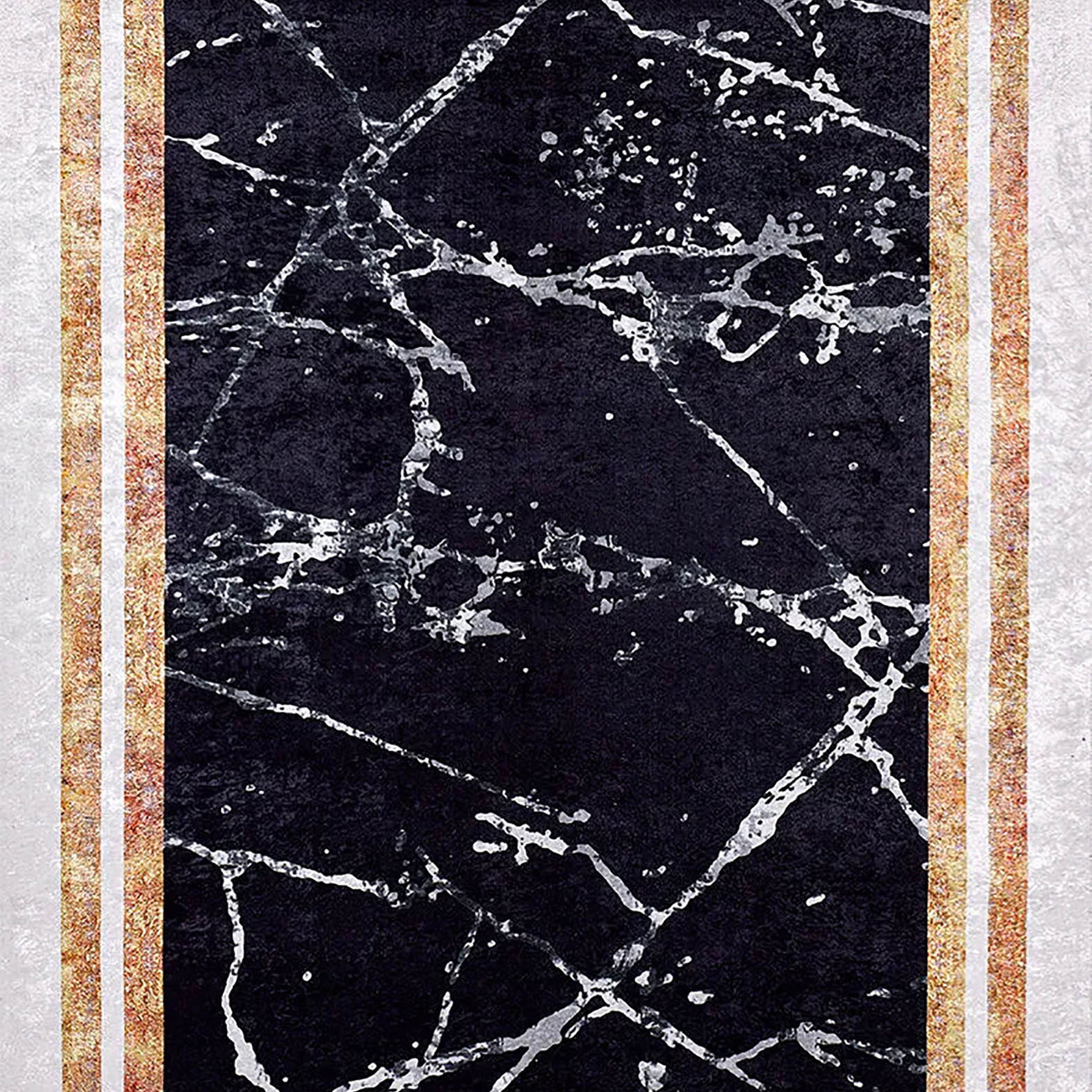 Gamze Marble Style Black White Bordered Geometric Rug
