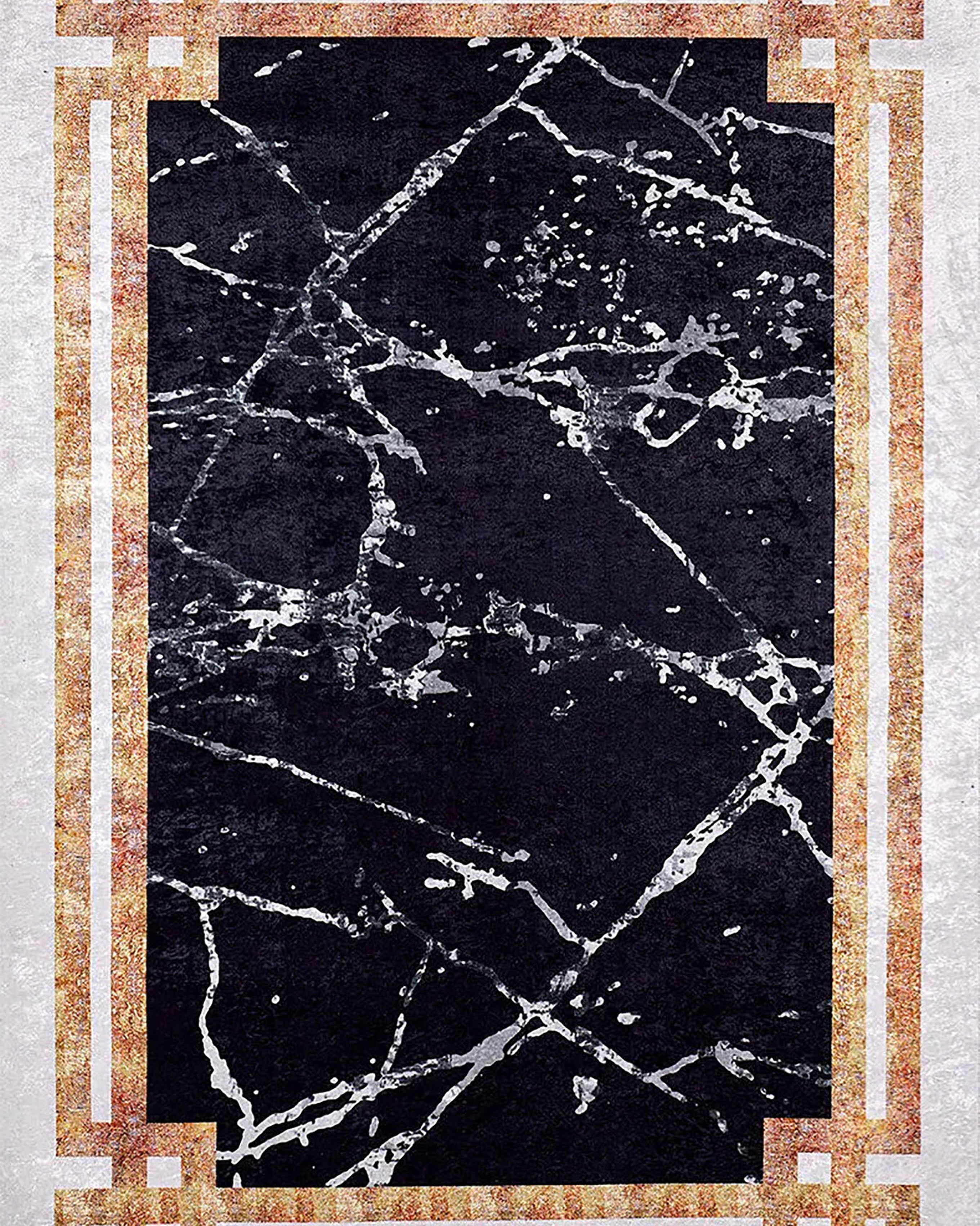 Gamze Marble Style Black White Bordered Geometric Rug