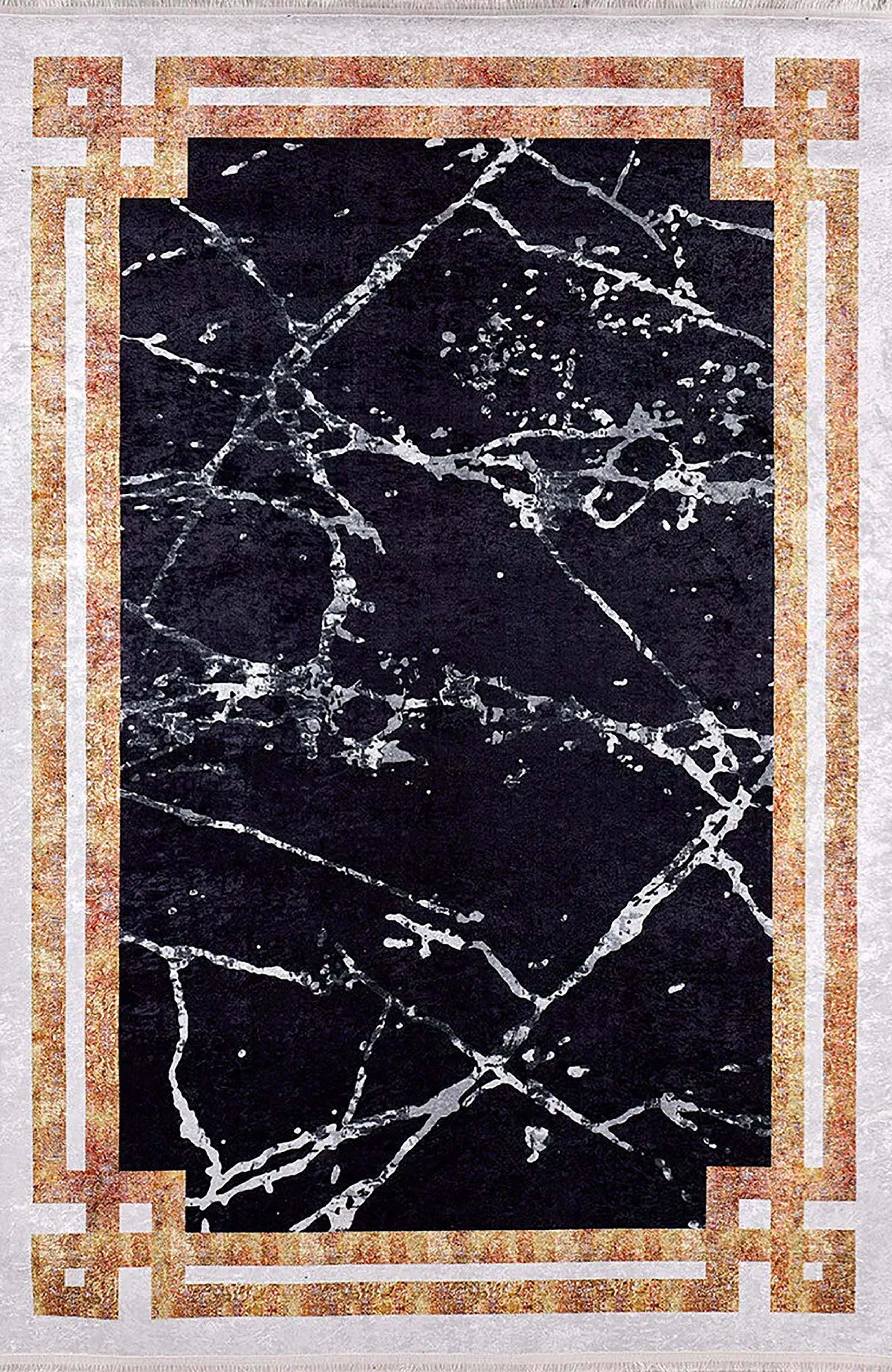 Gamze Marble Style Black White Bordered Geometric Rug