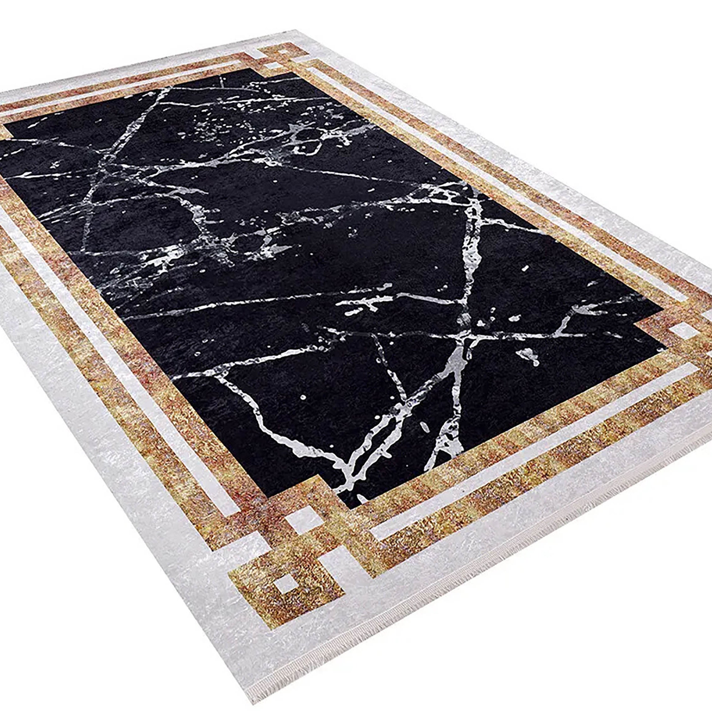 Gamze Marble Style Black White Bordered Geometric Rug