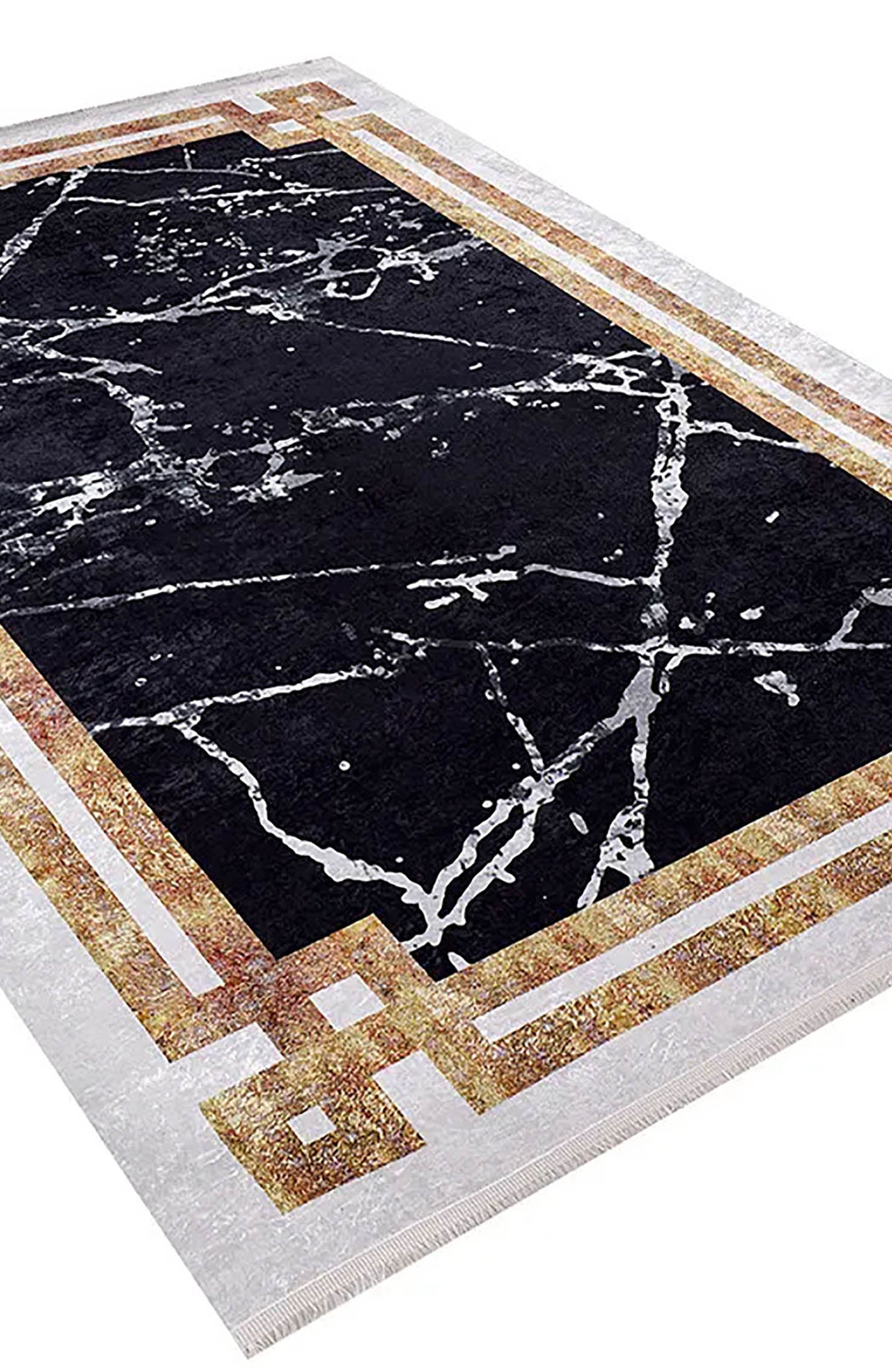 Gamze Marble Style Black White Bordered Geometric Rug