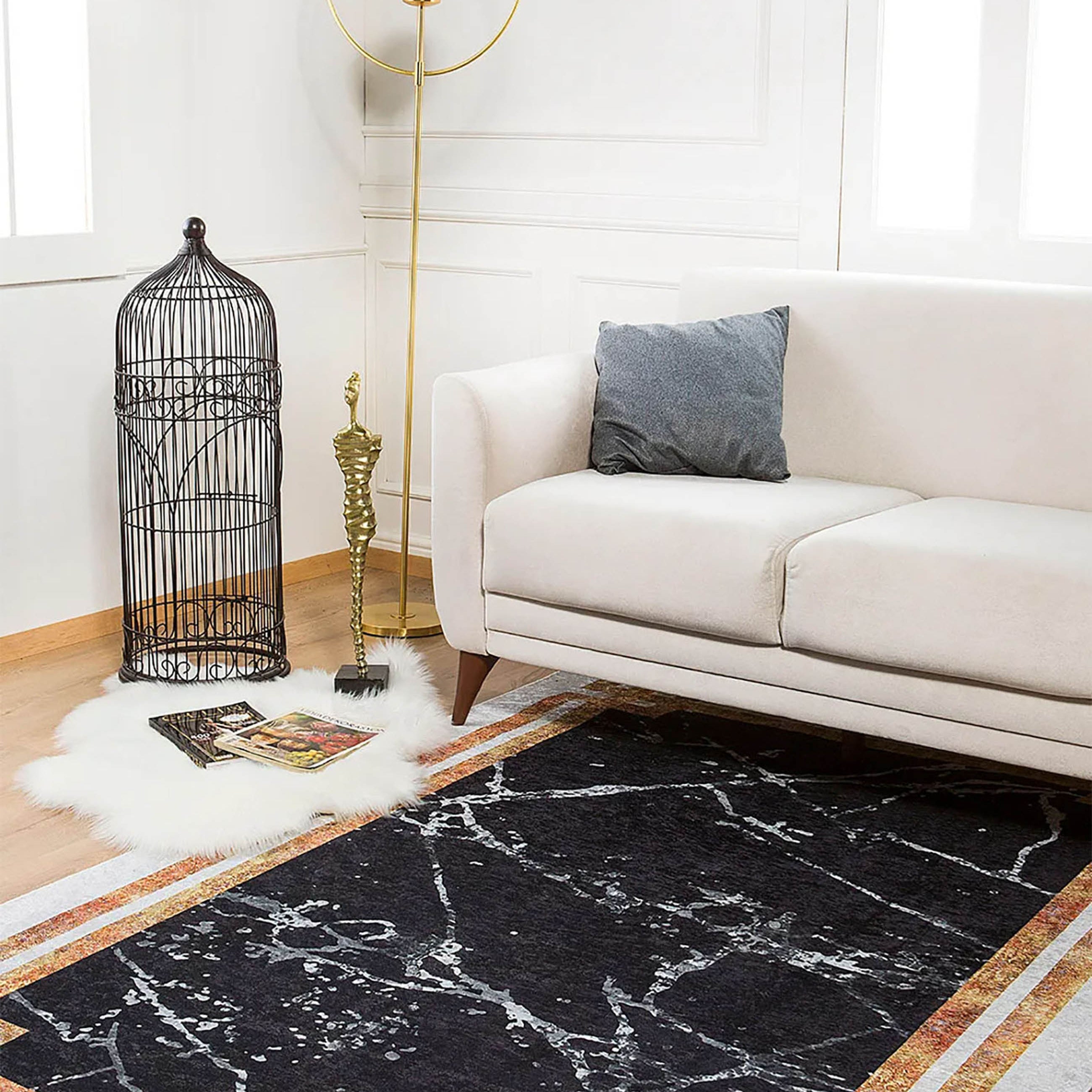 Gamze Marble Style Black White Bordered Geometric Rug