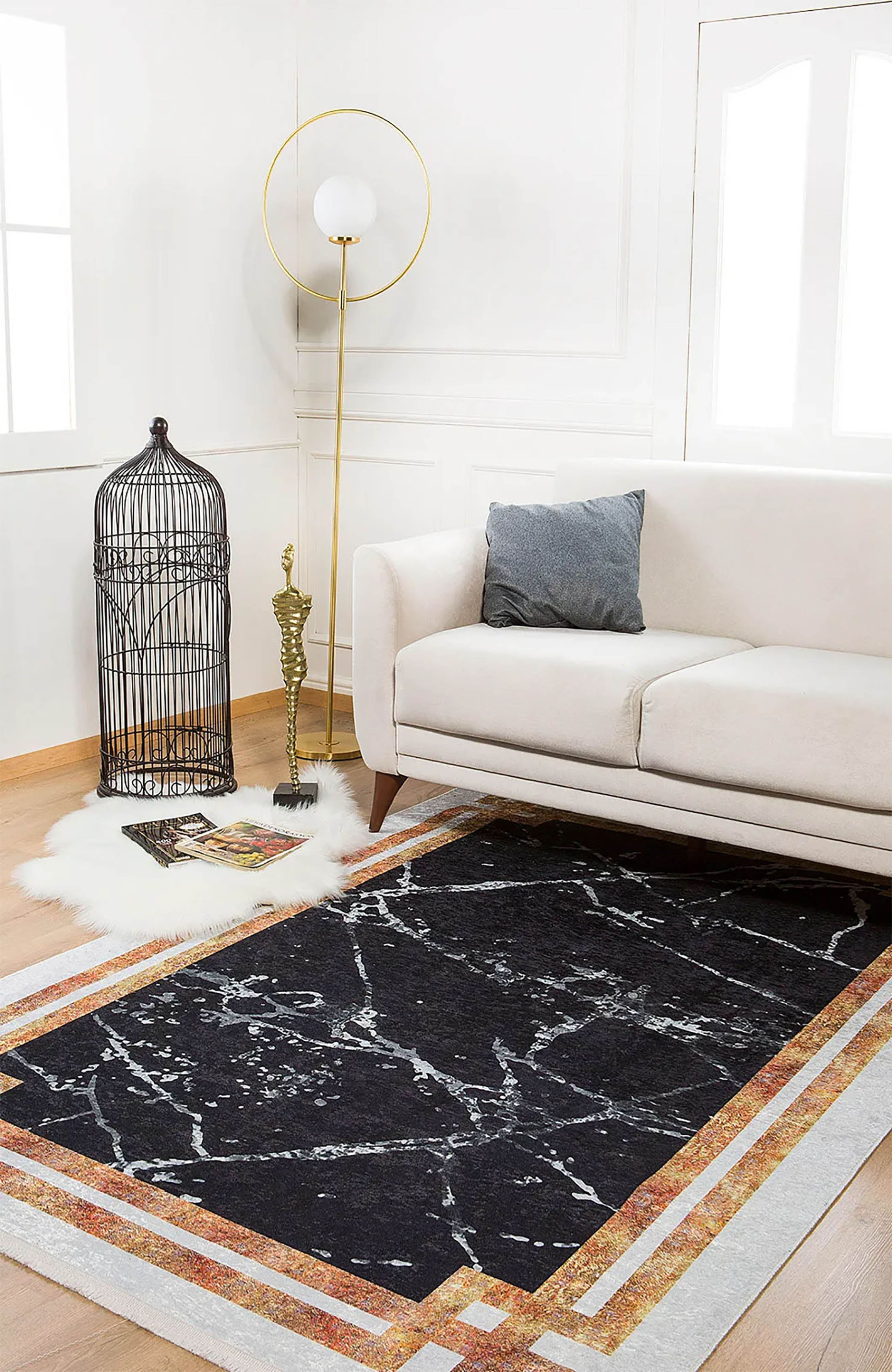 Gamze Marble Style Black White Bordered Geometric Rug