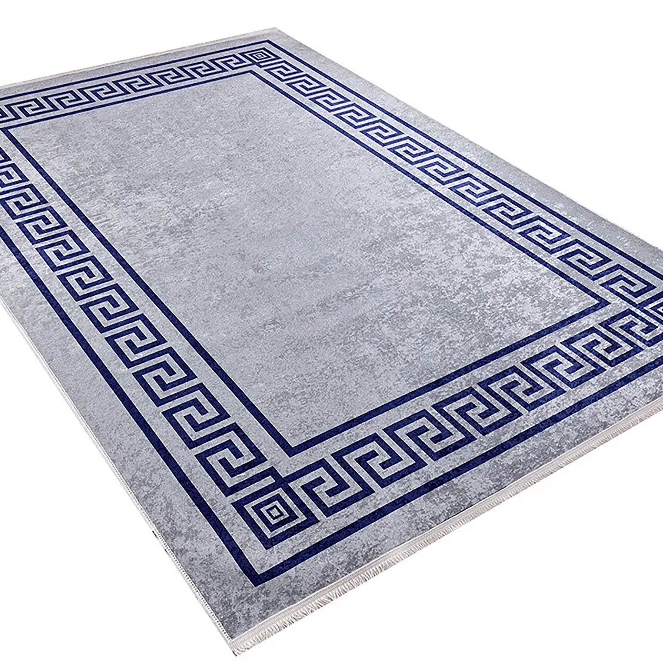 Remi Marble Blue Grey Greek Key Border Rug