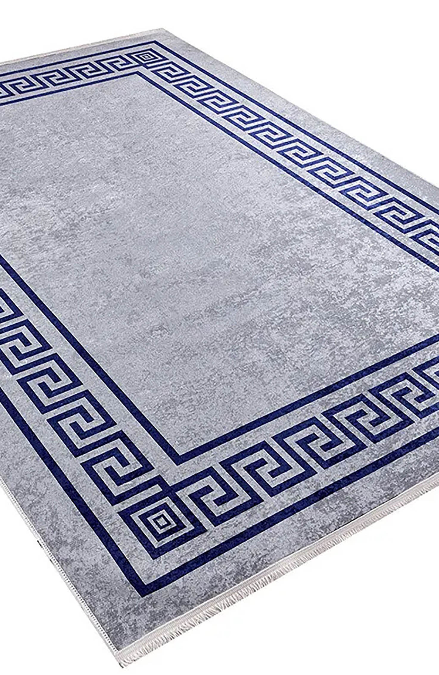 Remi Marble Blue Grey Greek Key Border Rug