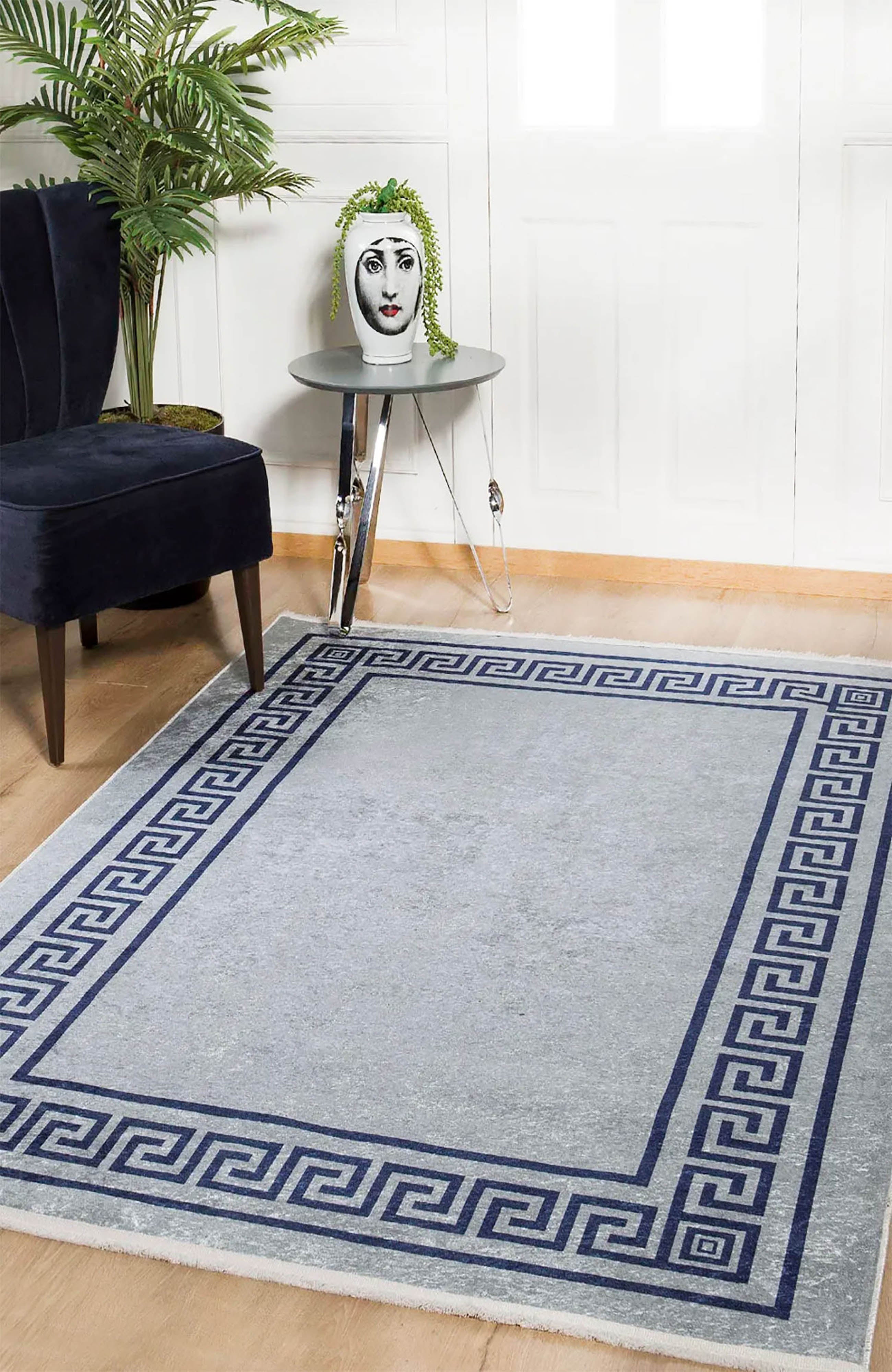 Remi Marble Blue Grey Greek Key Border Rug