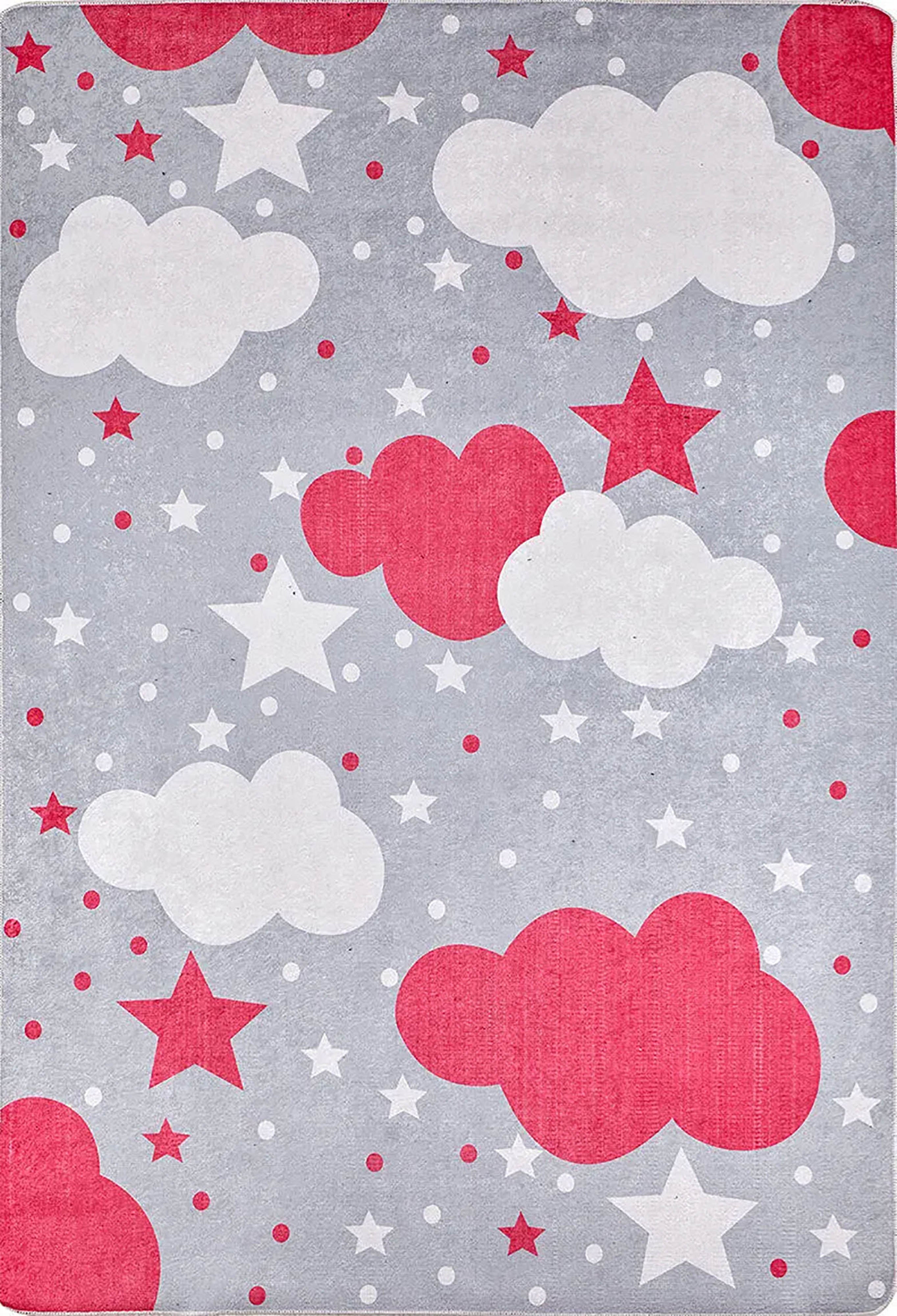 Mulan Cloudy Star Gray Red Kids Rug