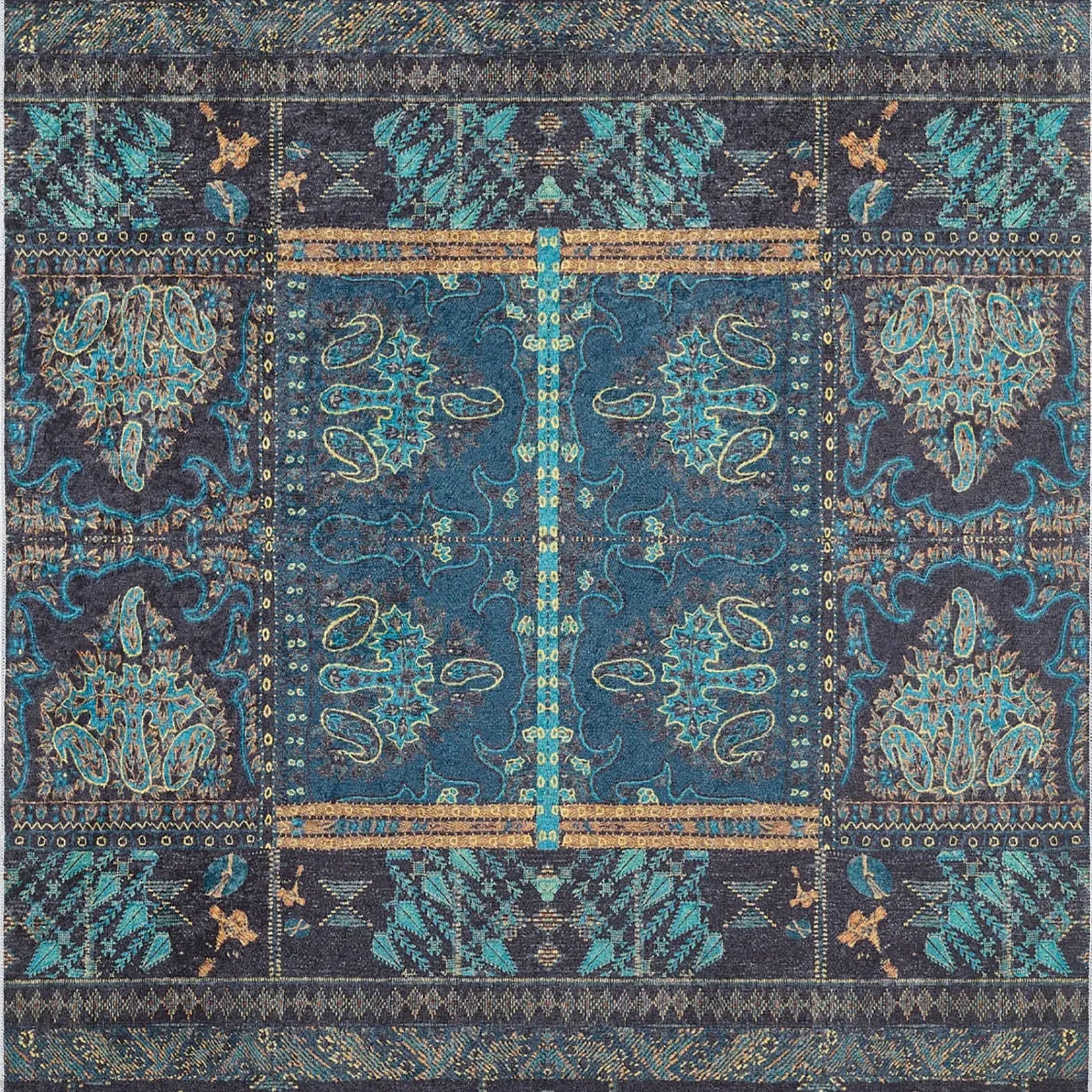 Canan Unique Teal Blue Turkish Tribal Rug