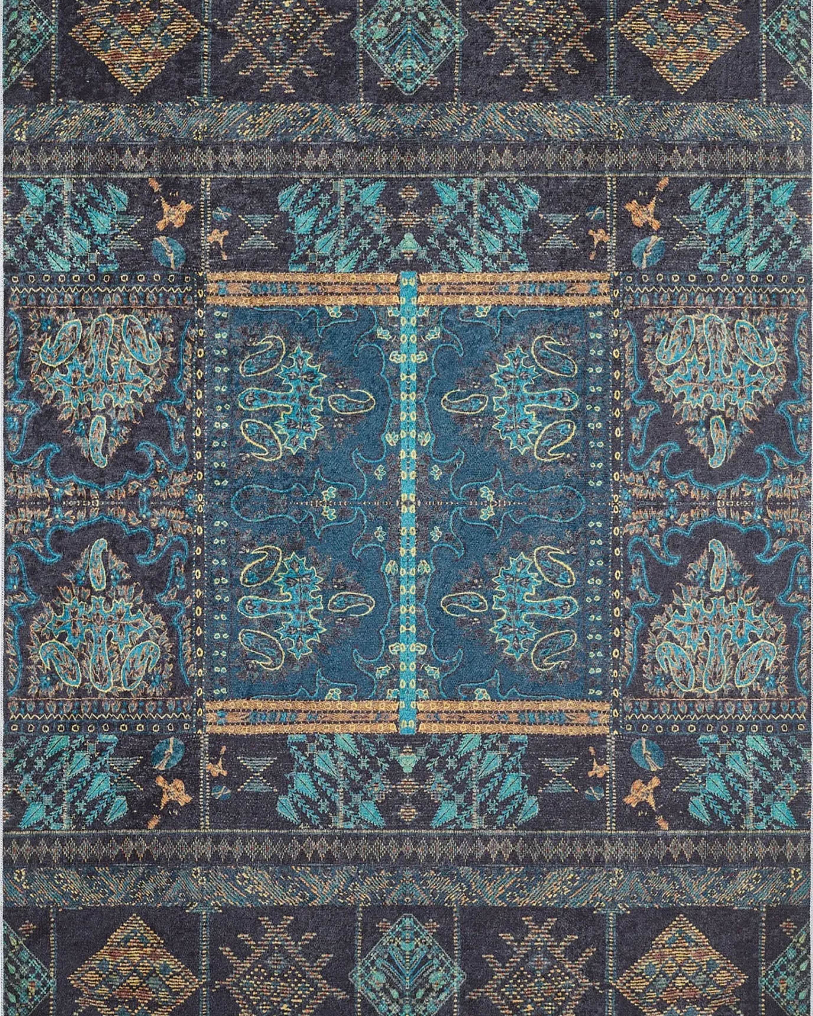 Canan Unique Teal Blue Turkish Tribal Rug