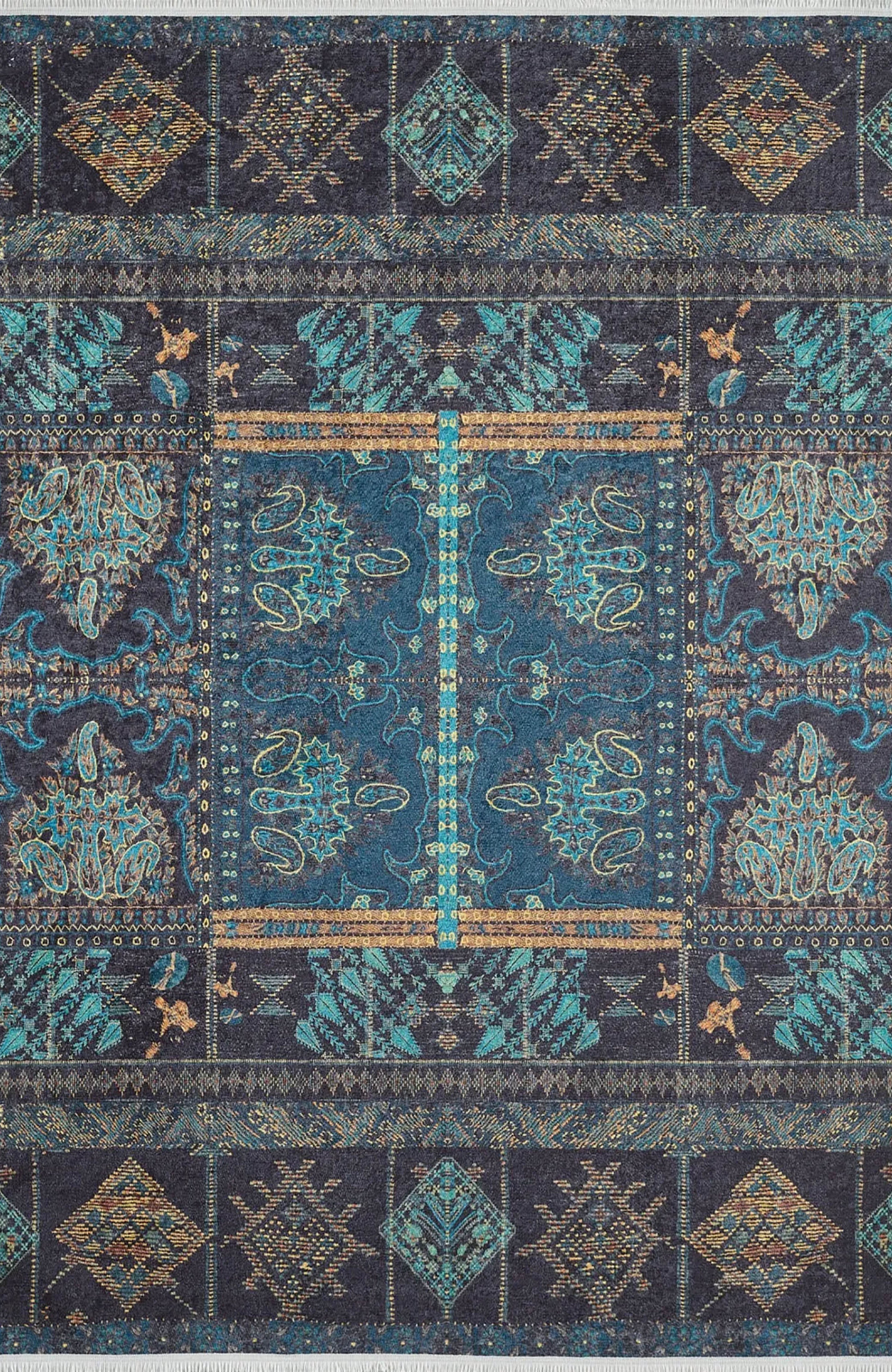 Canan Unique Teal Blue Turkish Tribal Rug