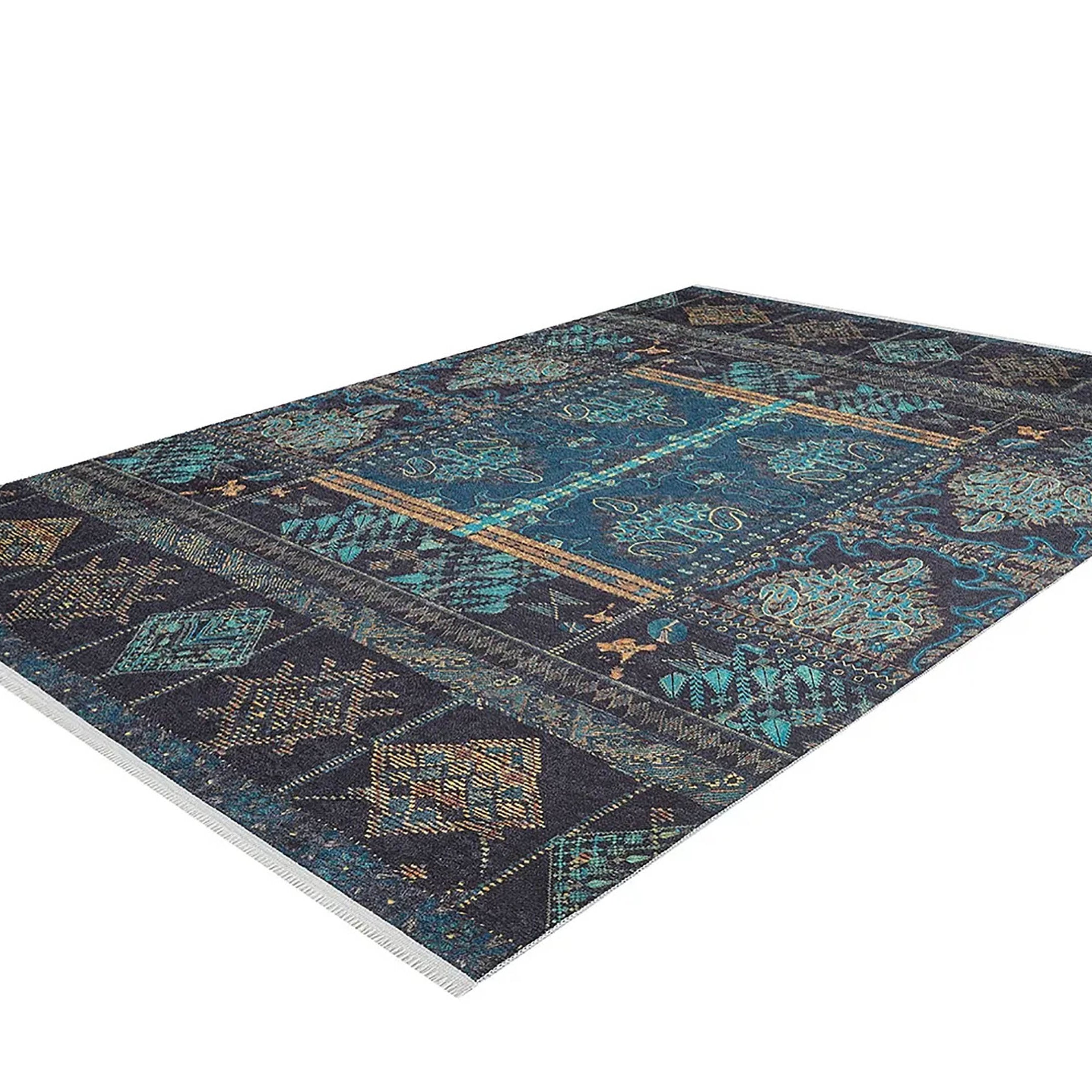 Canan Unique Teal Blue Turkish Tribal Rug