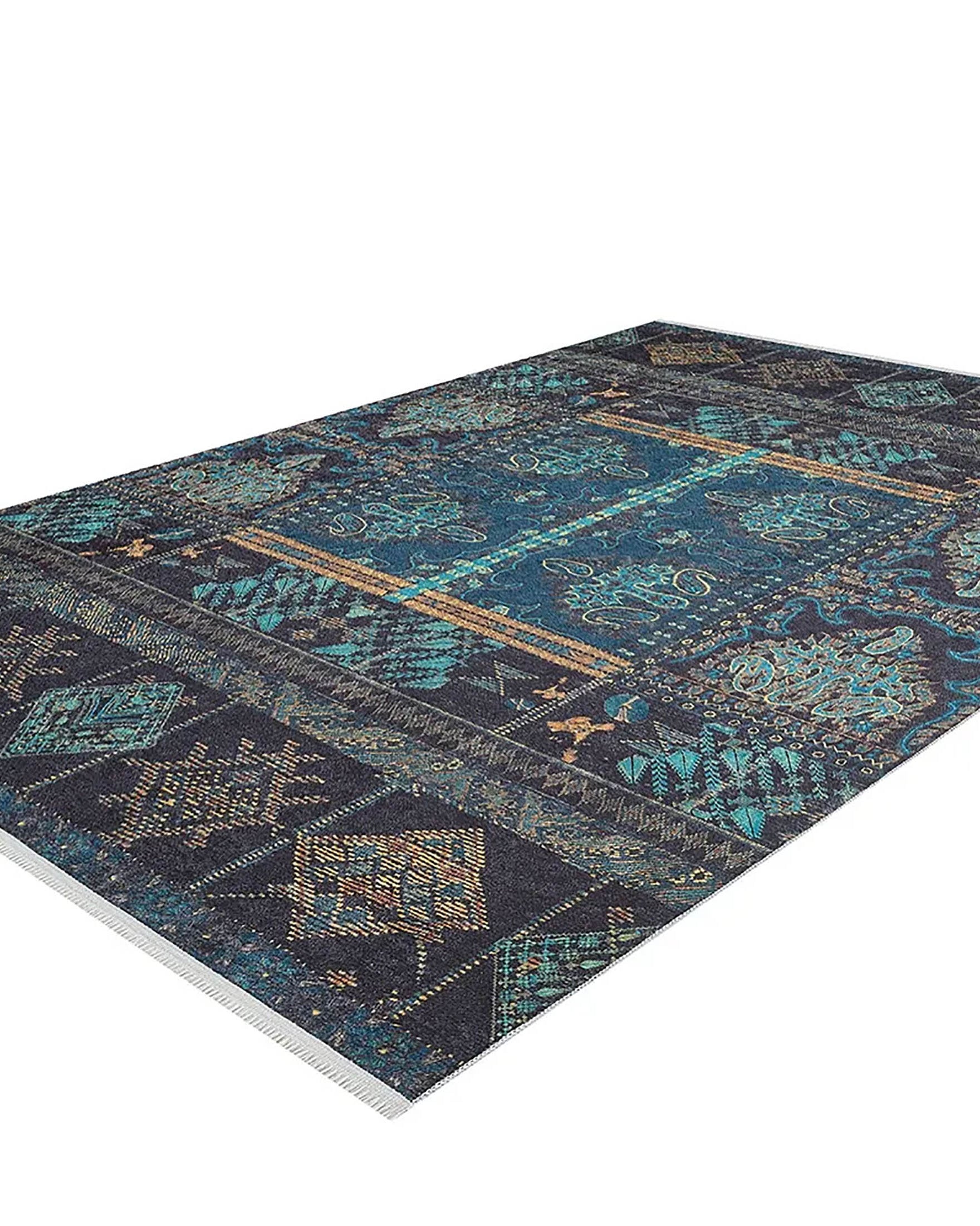 Canan Unique Teal Blue Turkish Tribal Rug