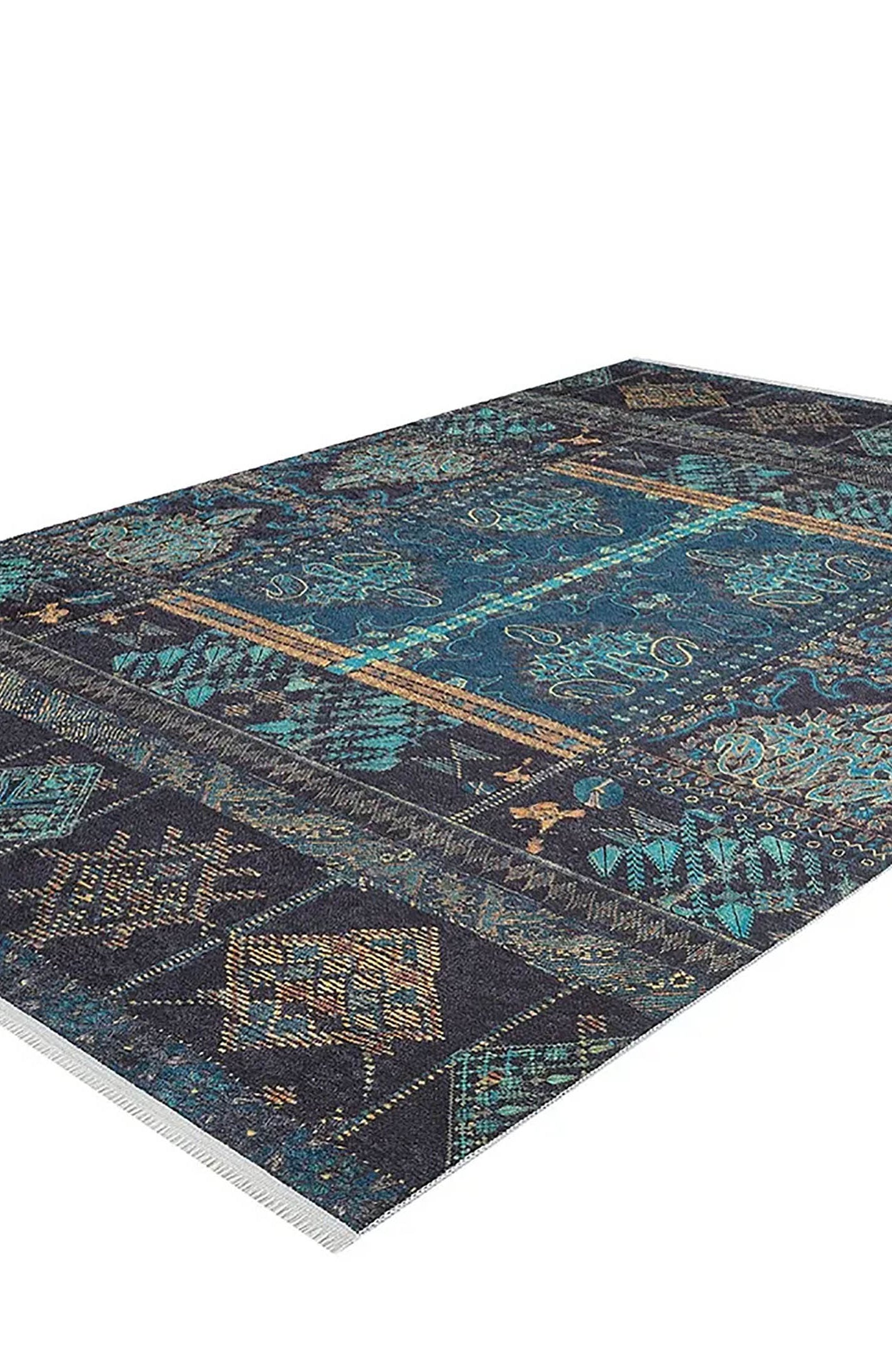 Canan Unique Teal Blue Turkish Tribal Rug