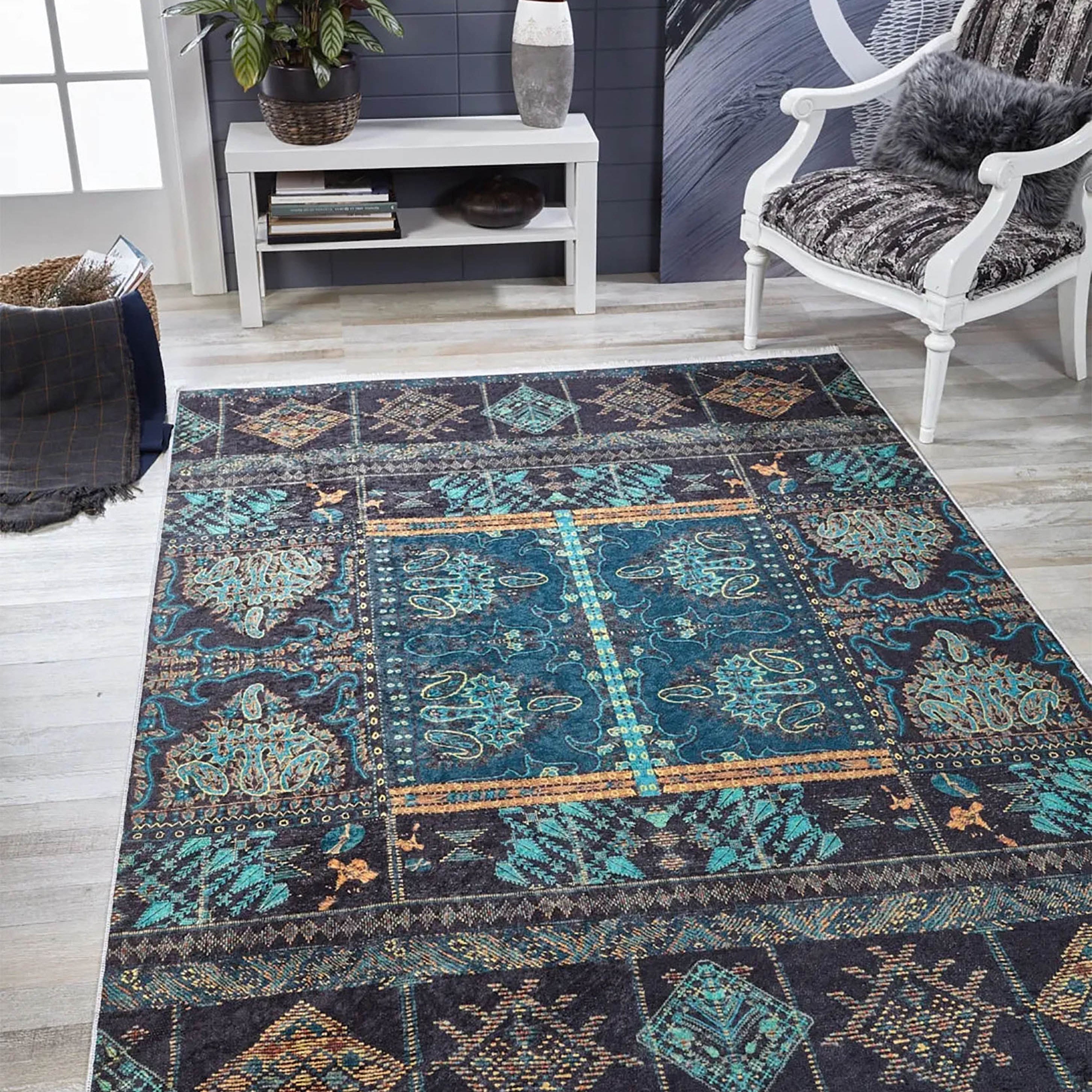 Canan Unique Teal Blue Turkish Tribal Rug
