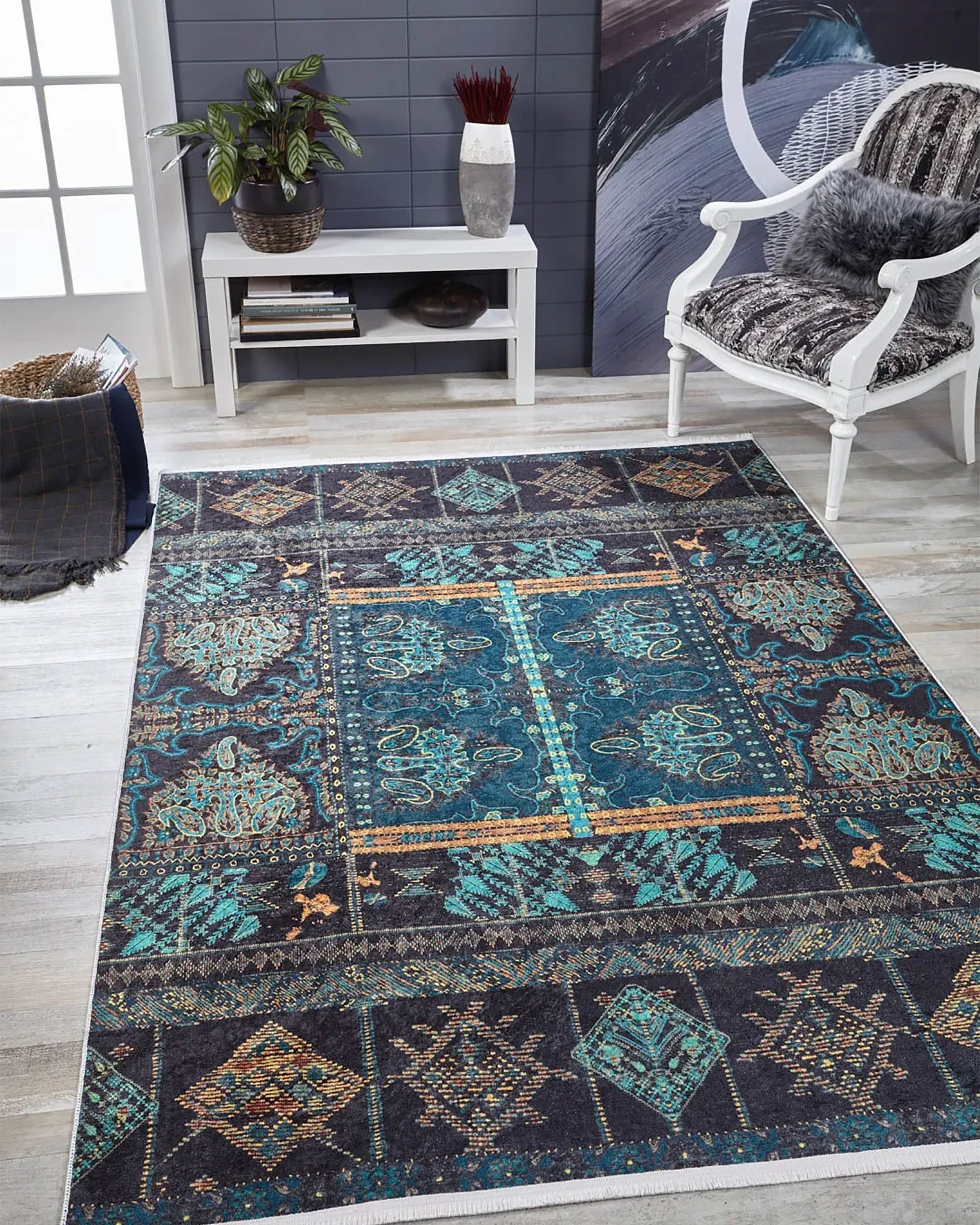 Canan Unique Teal Blue Turkish Tribal Rug