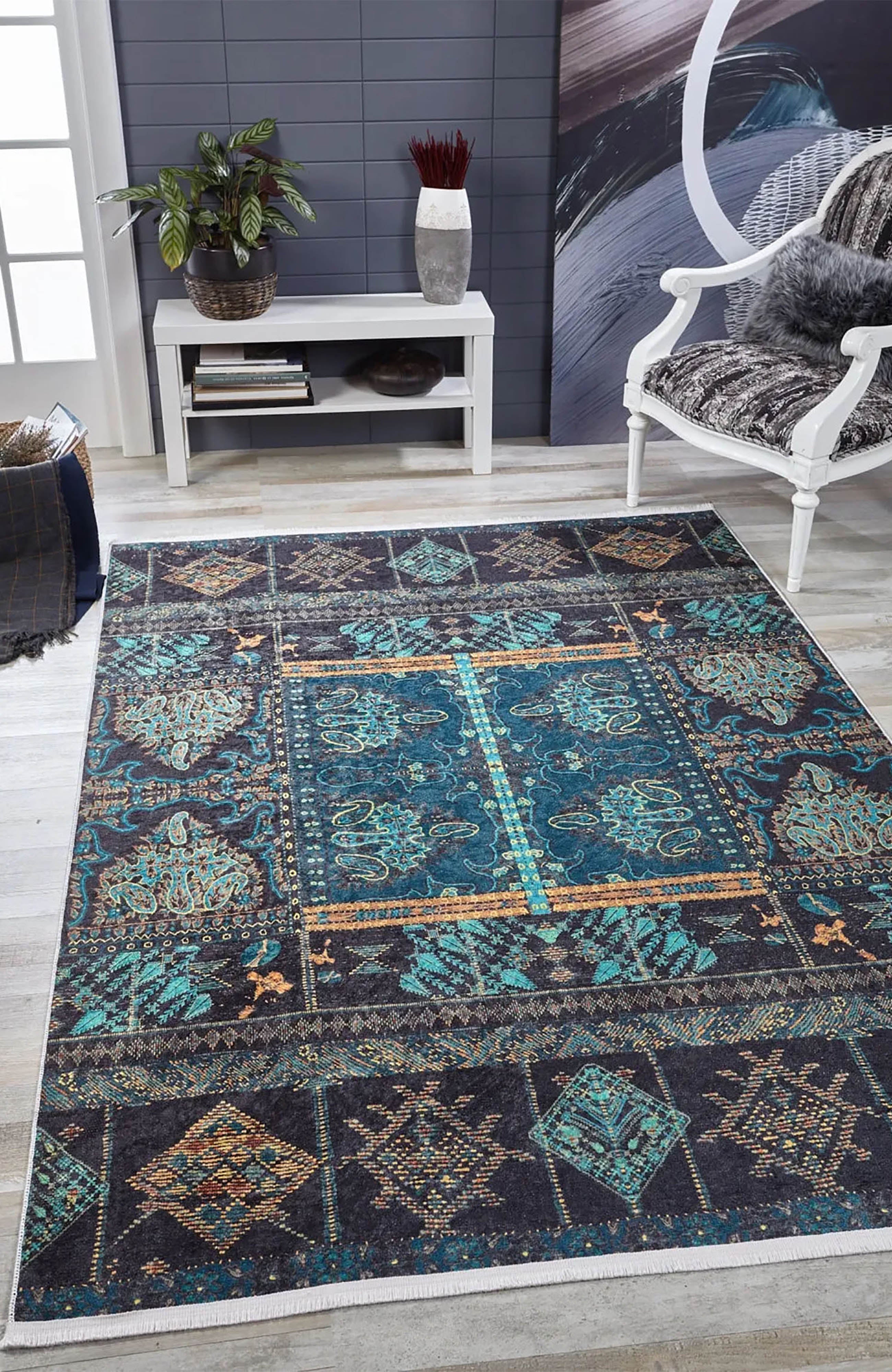 Canan Unique Teal Blue Turkish Tribal Rug