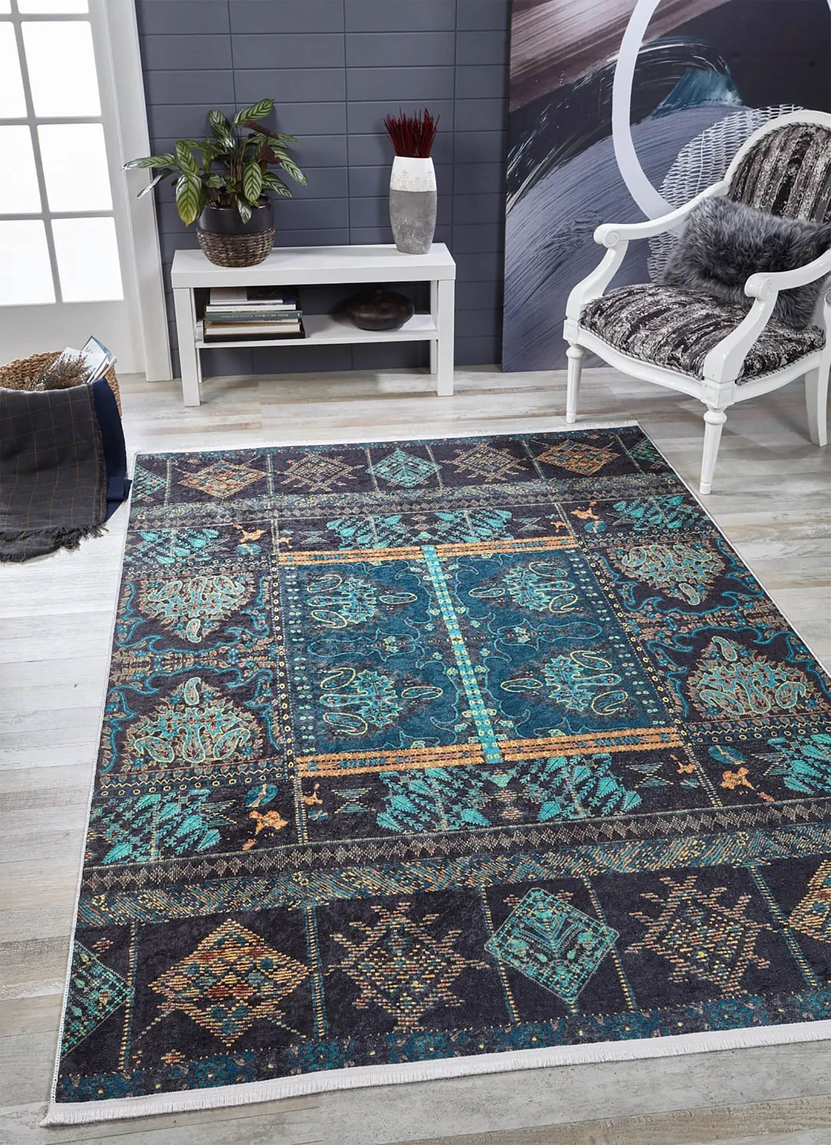 Canan Unique Teal Blue Turkish Tribal Rug