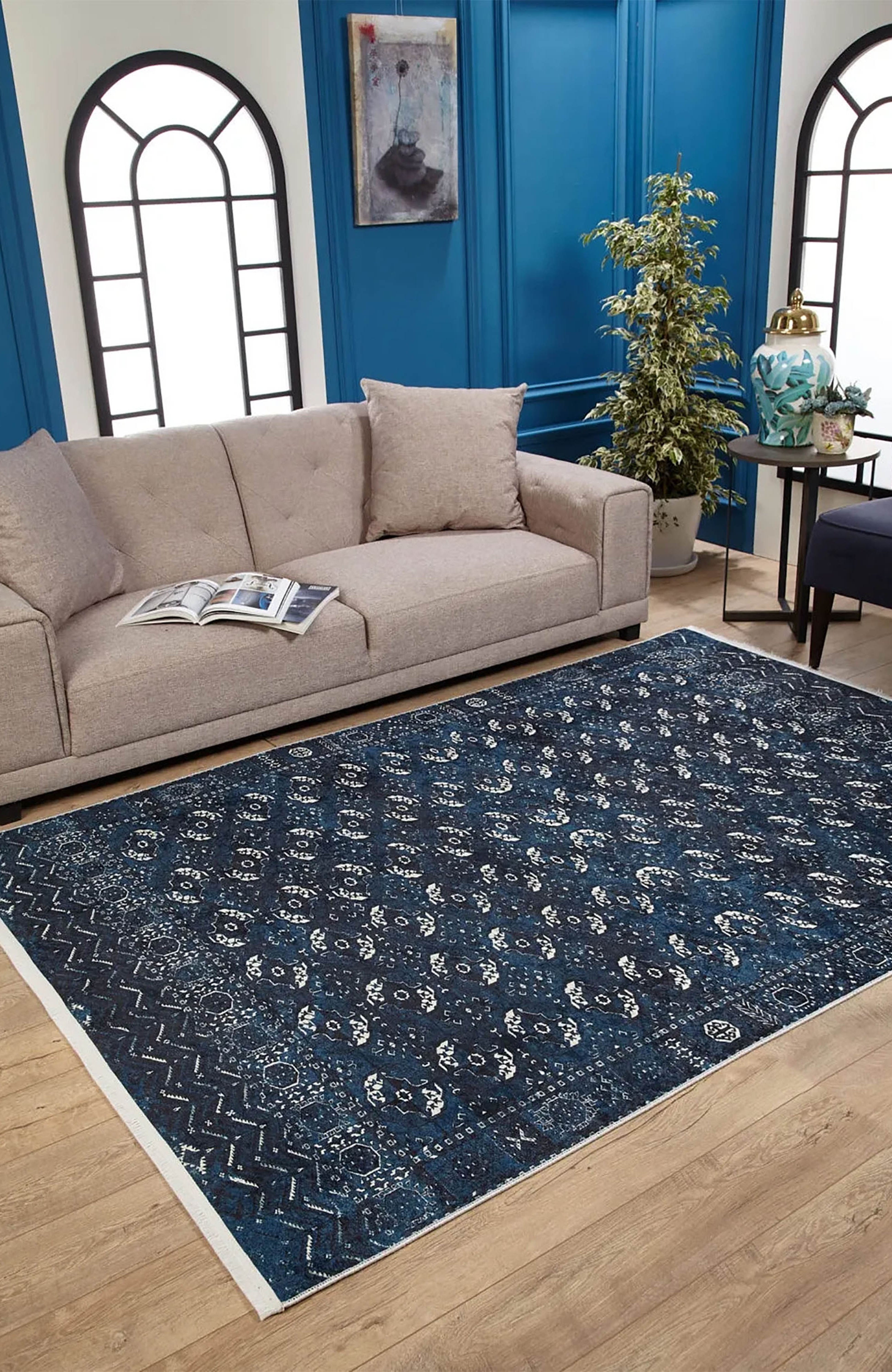 River Afghan Navy Blue Rug