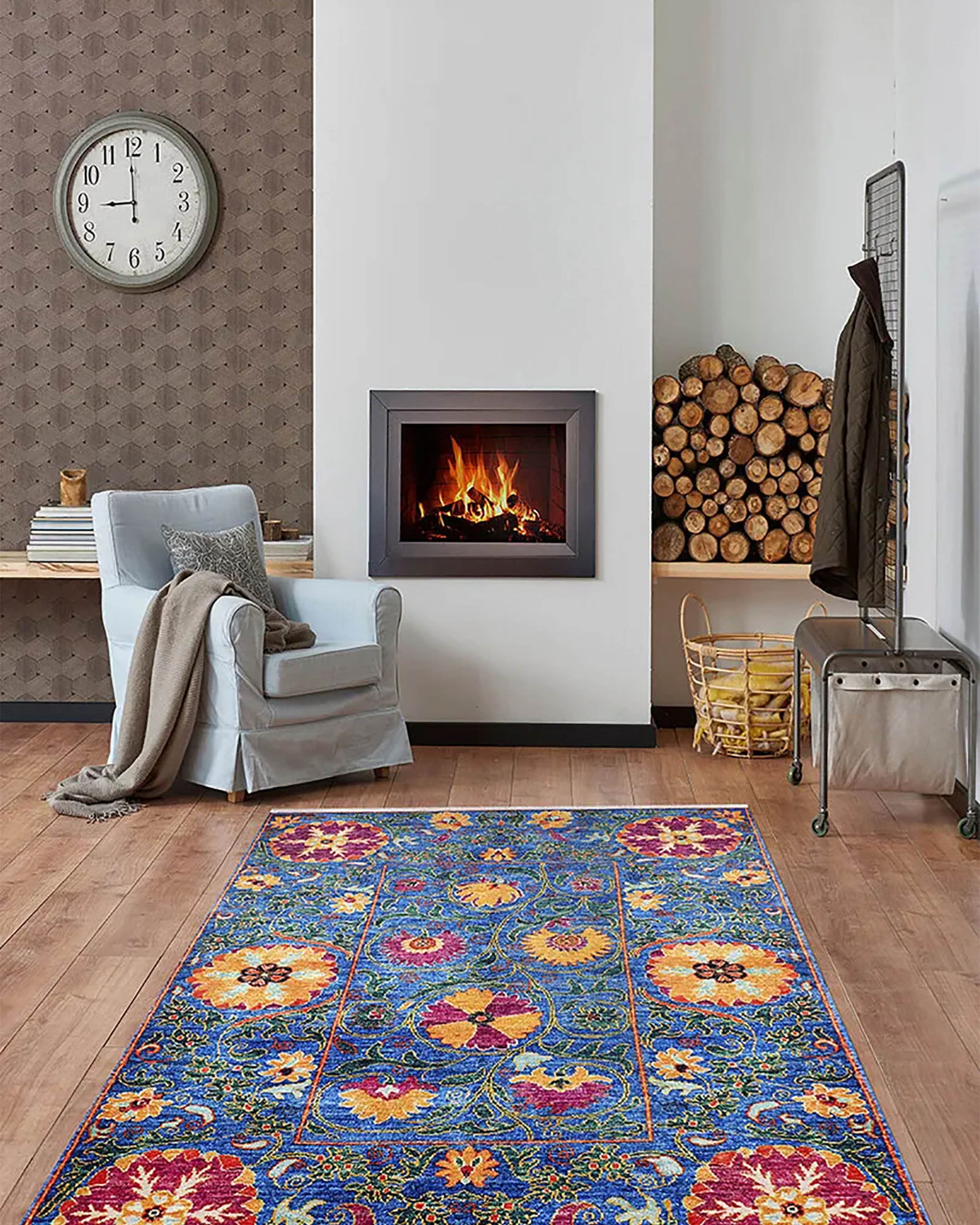 Alaiya Turkish Blue Rose Decorative Floral Rug