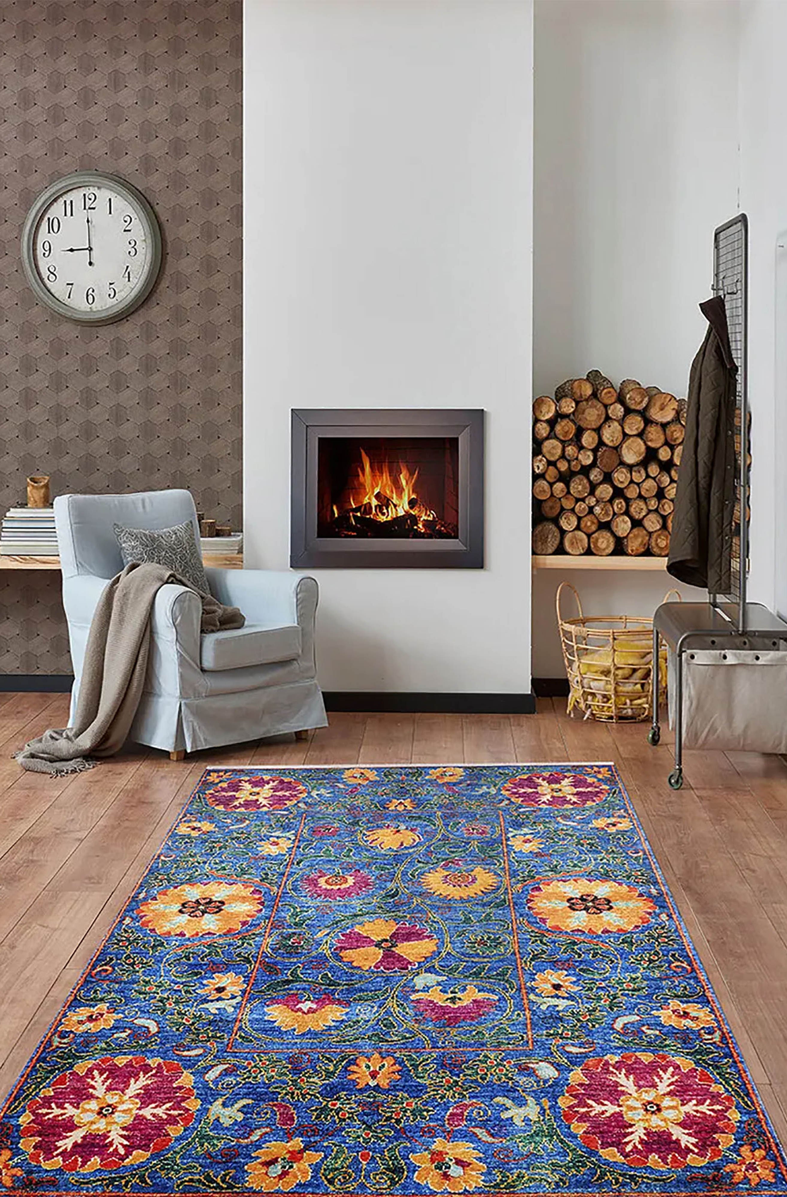 Alaiya Turkish Blue Rose Decorative Floral Rug