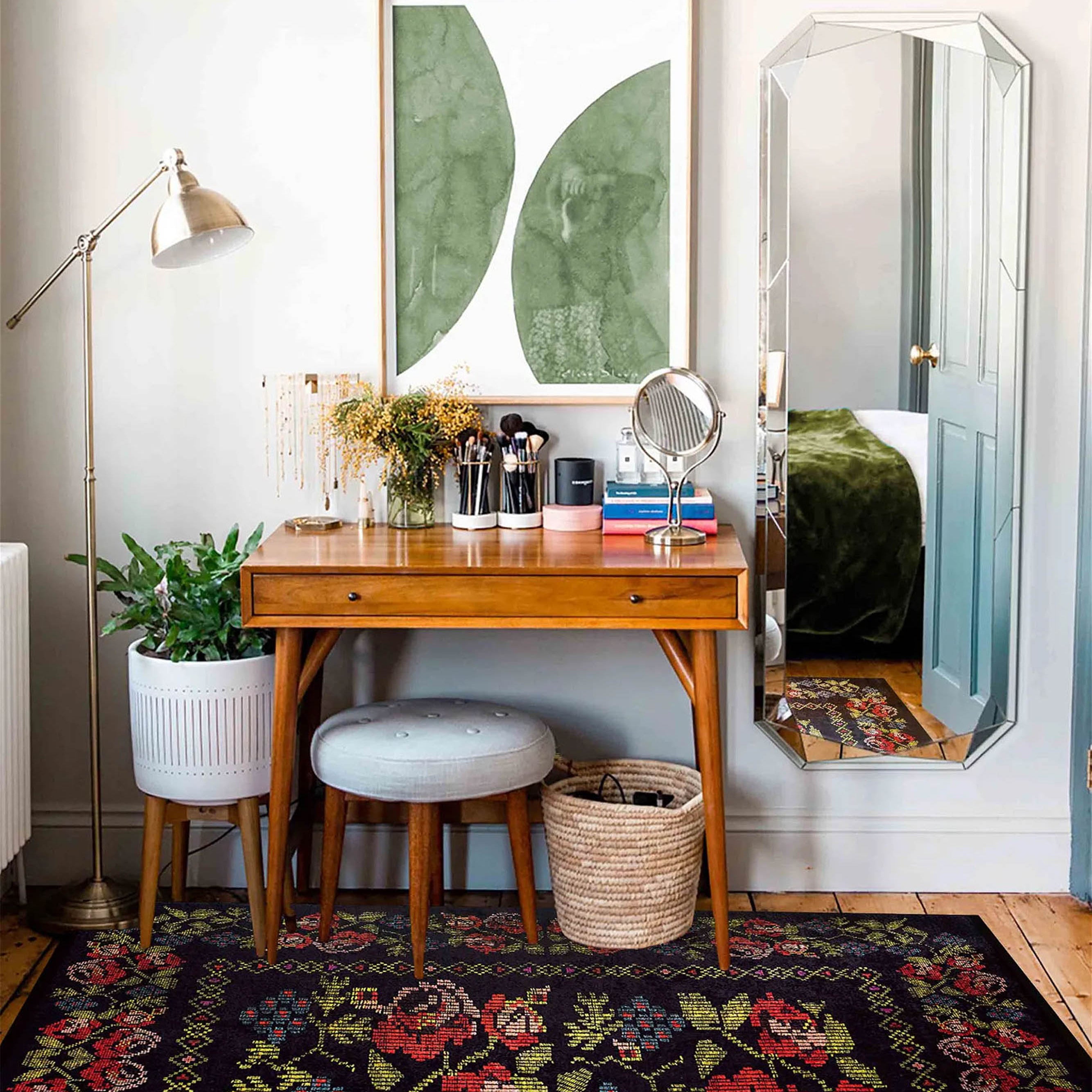 Tupia Rose Black Karabagh Floral Kilim Rug