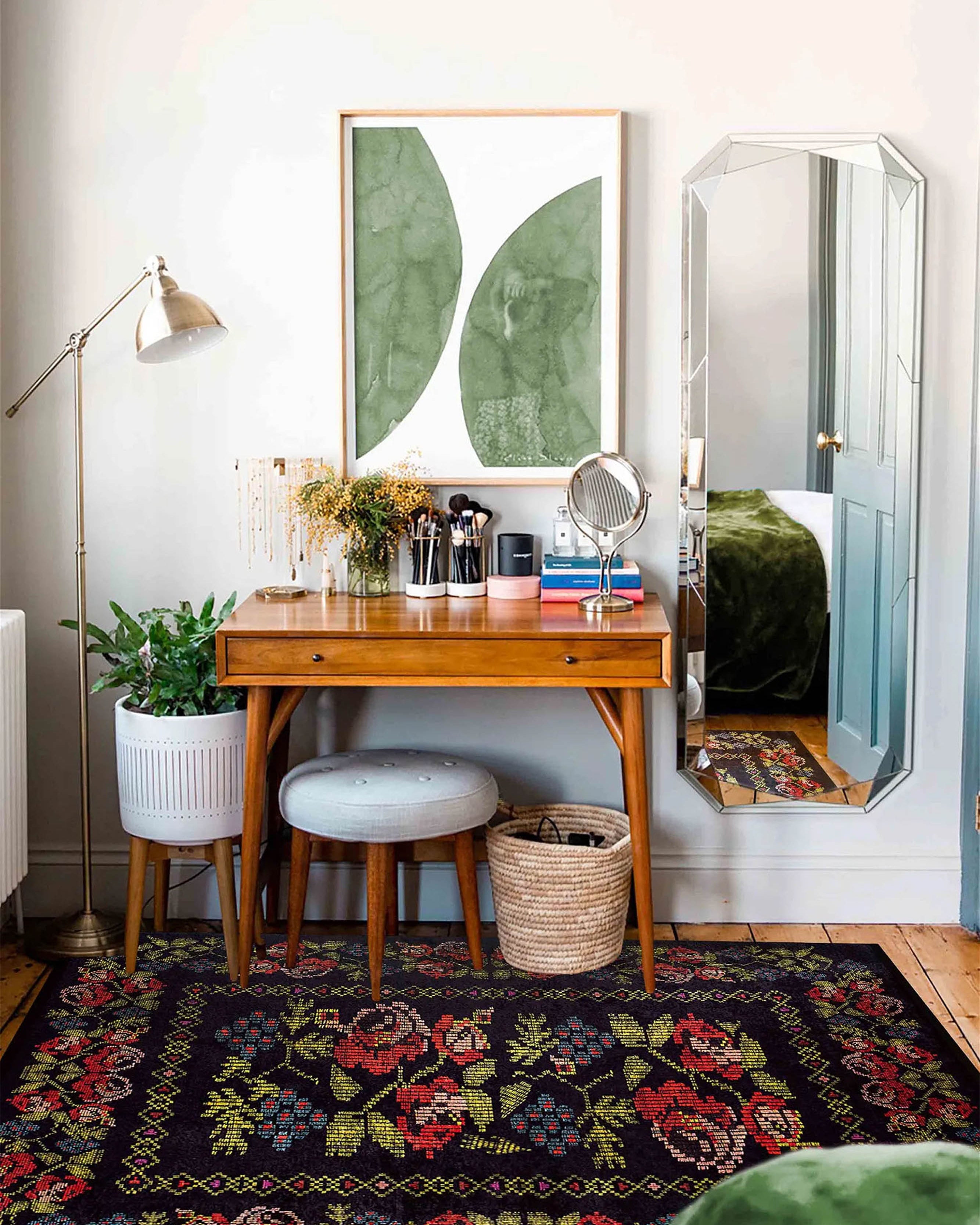 Tupia Rose Black Karabagh Floral Kilim Rug