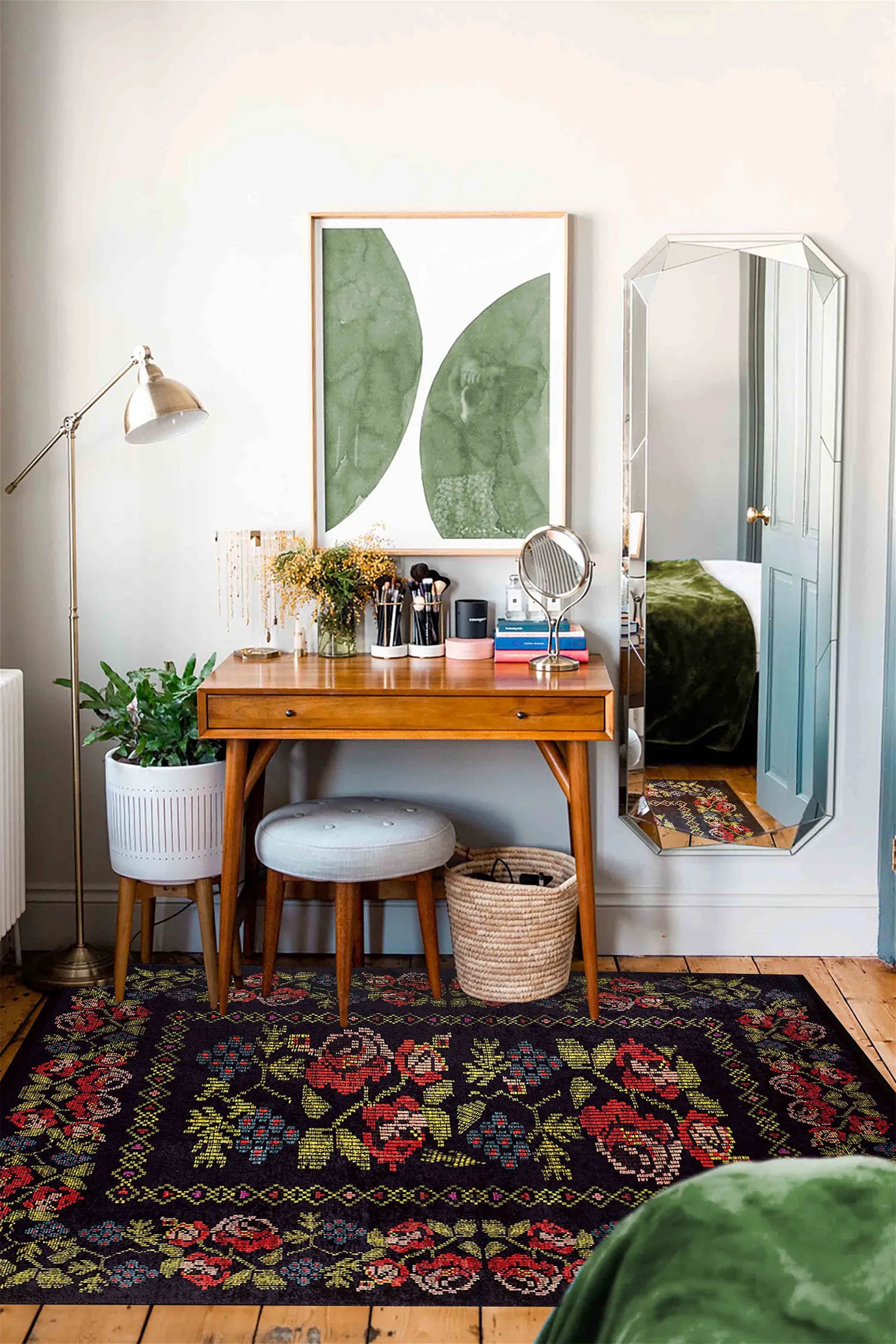 Tupia Rose Black Karabagh Floral Kilim Rug