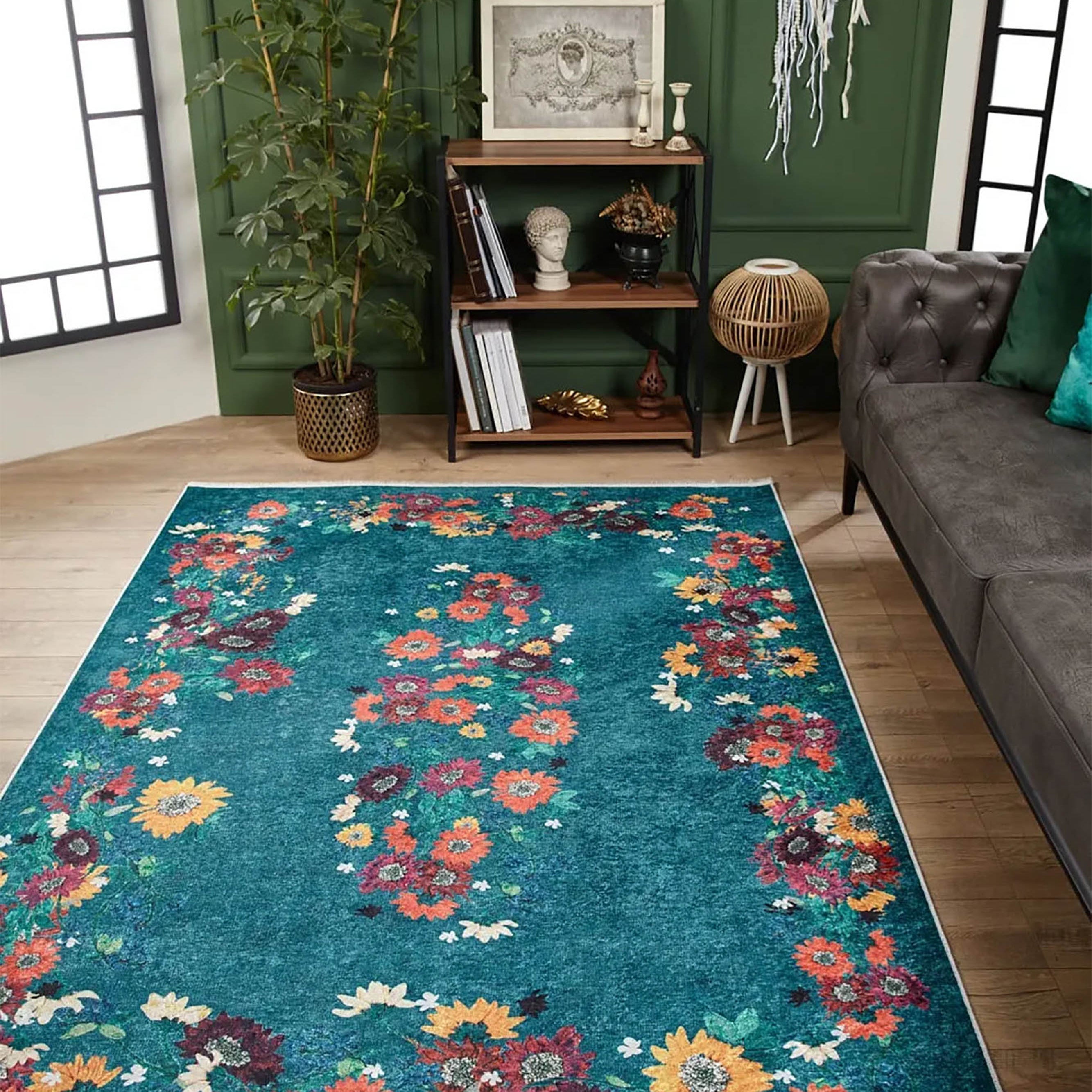 Aadhya Turkish Green Rose Decorative Floral Rug
