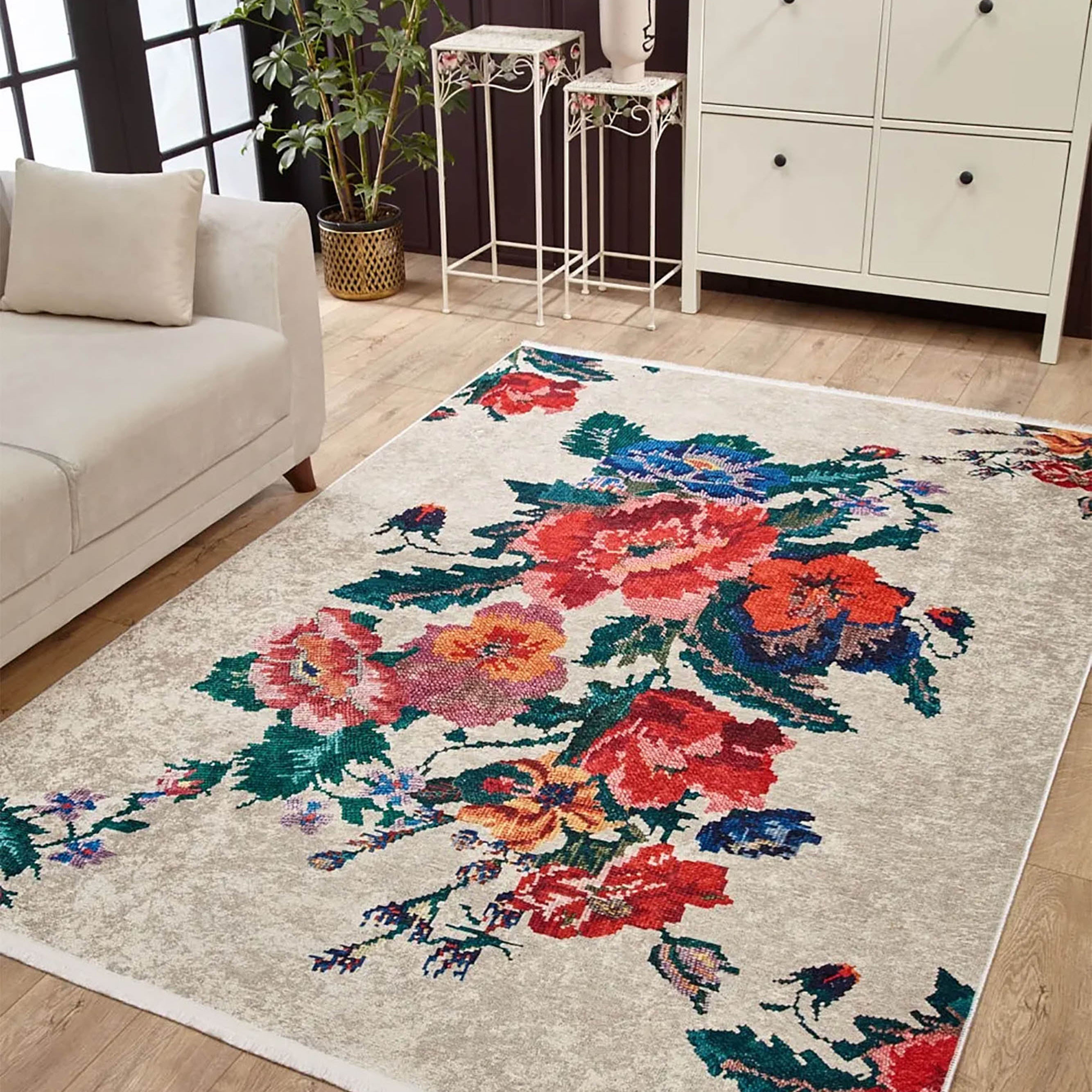 Shay Turkish Karabagh White Decorative Floral Rug