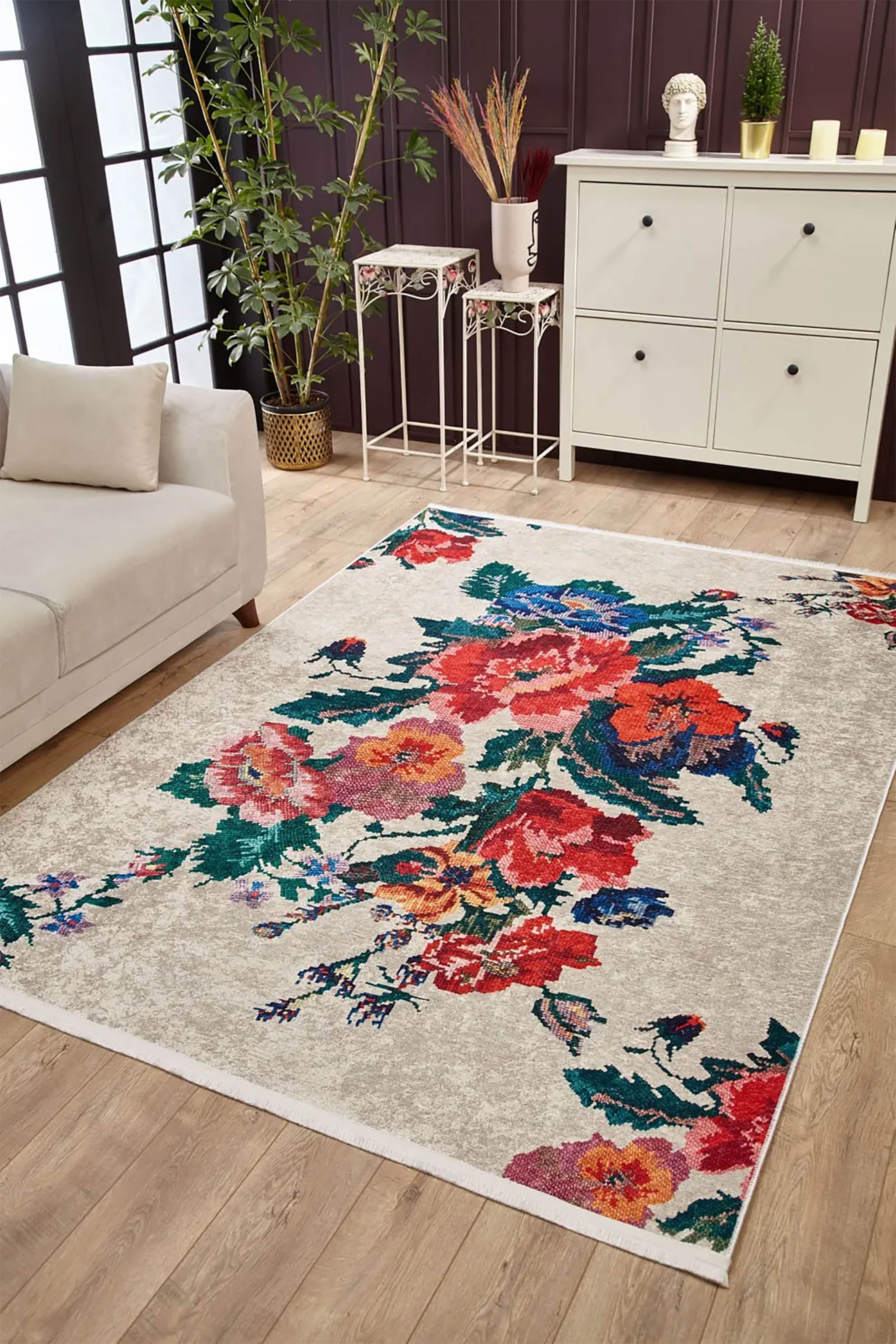 Shay Turkish Karabagh White Decorative Floral Rug