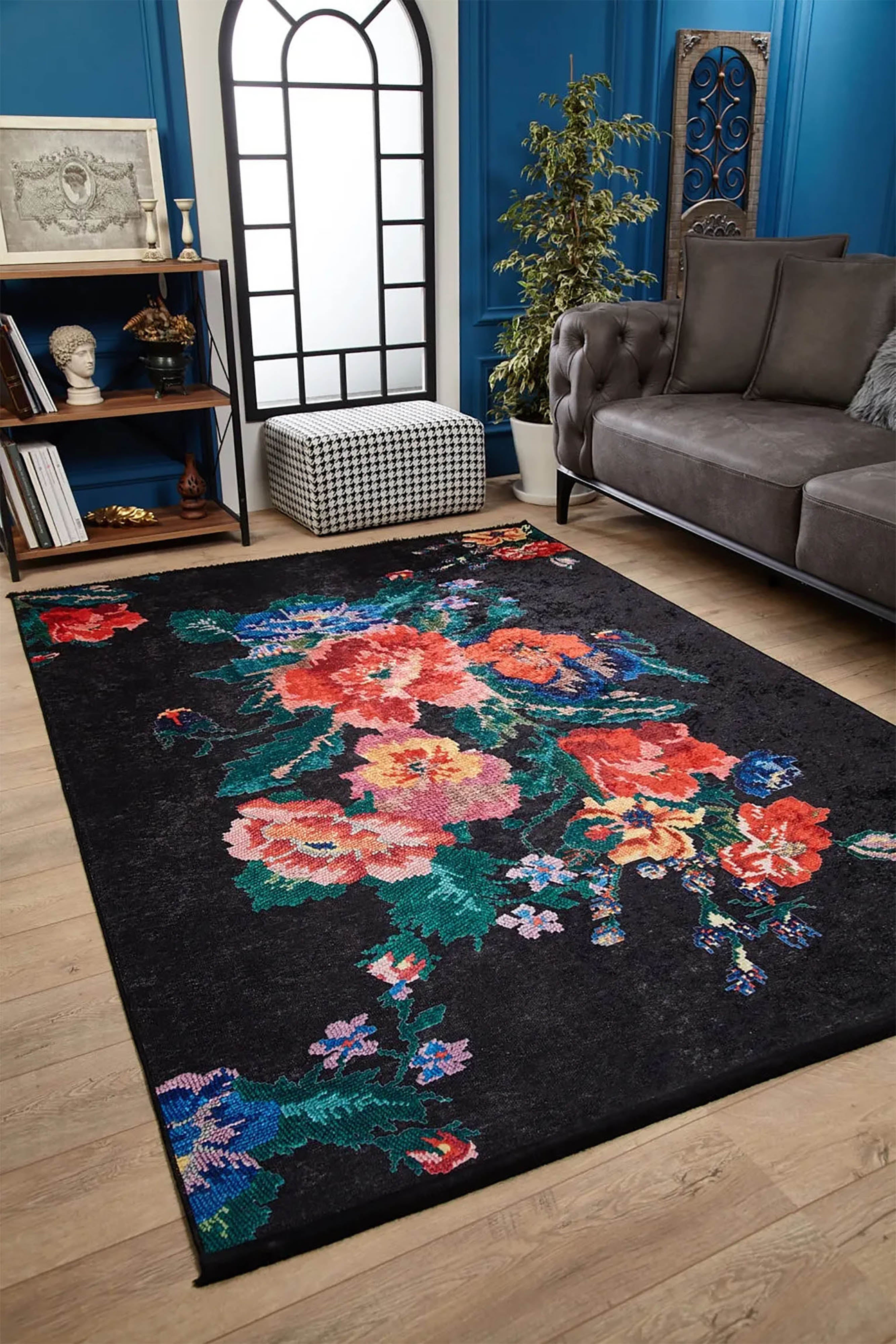 Natasha Turkish Karabagh Rose Black Rug