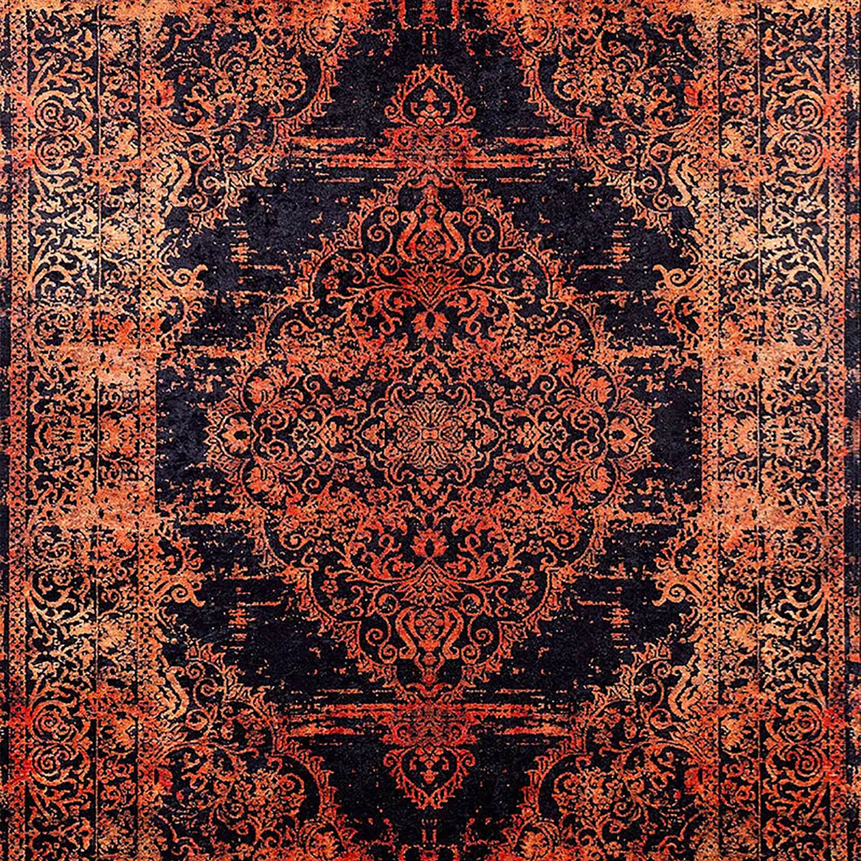Saanvi Distressed Turkish Orange Black Medallion Rug