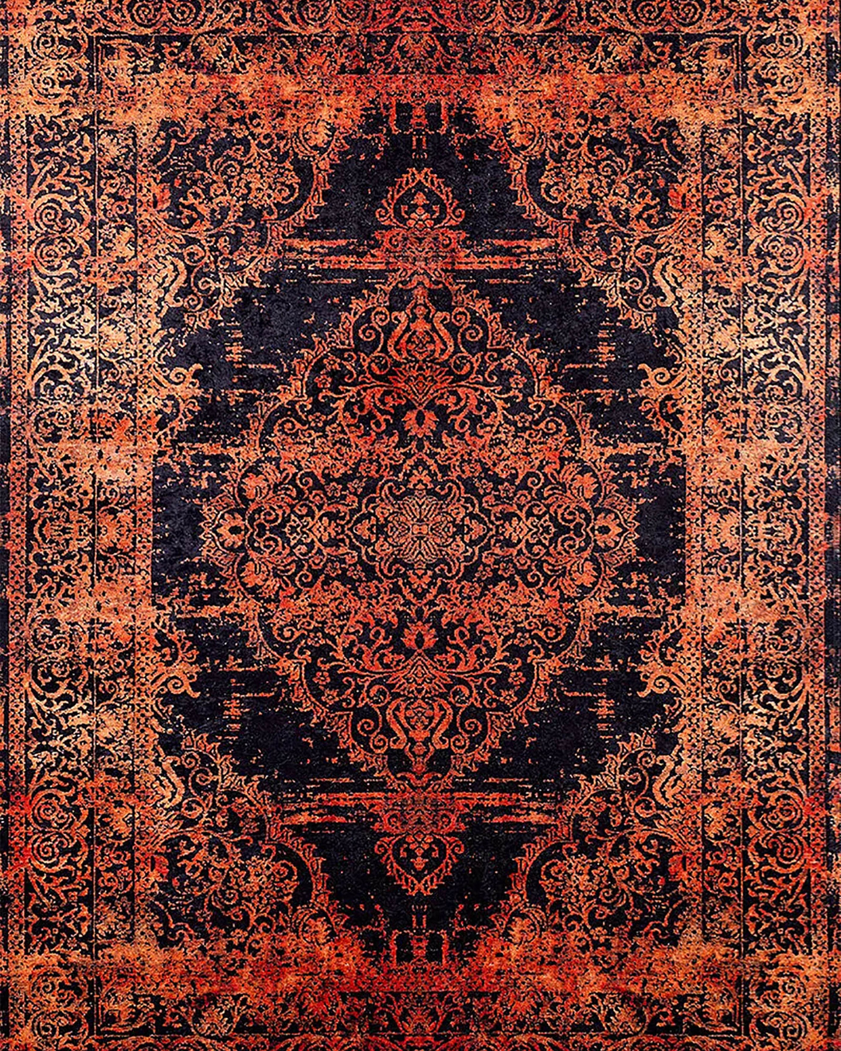 Saanvi Distressed Turkish Orange Black Medallion Rug