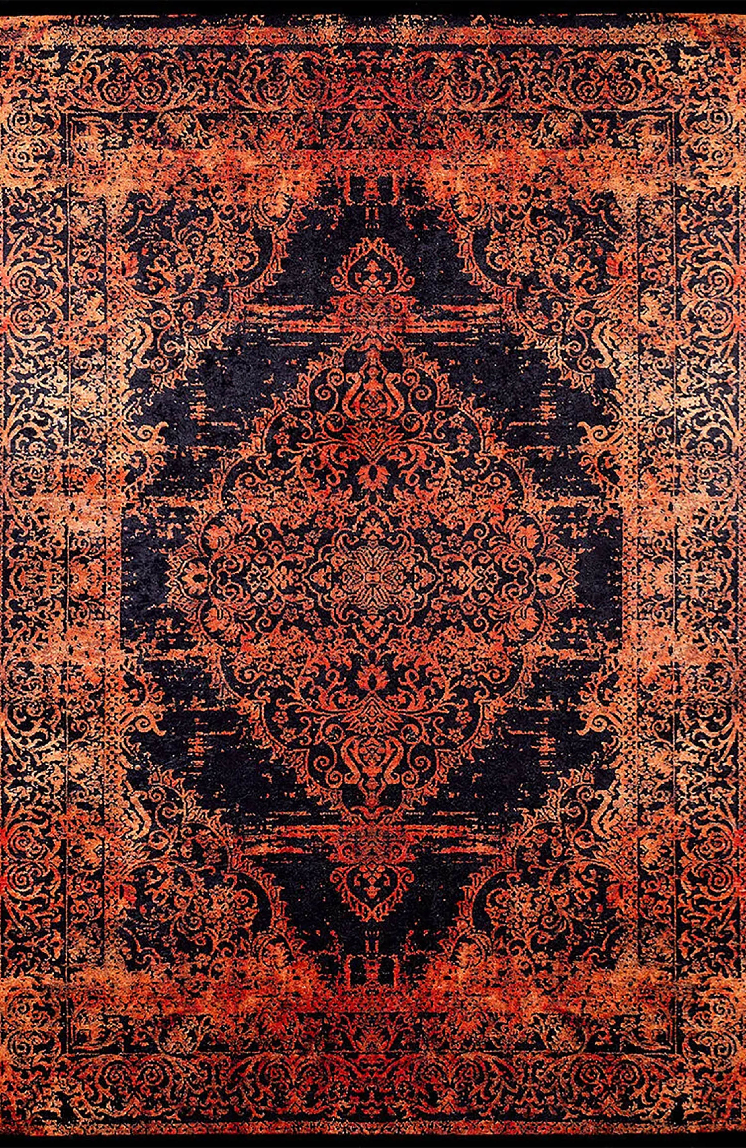 Saanvi Distressed Turkish Orange Black Medallion Rug