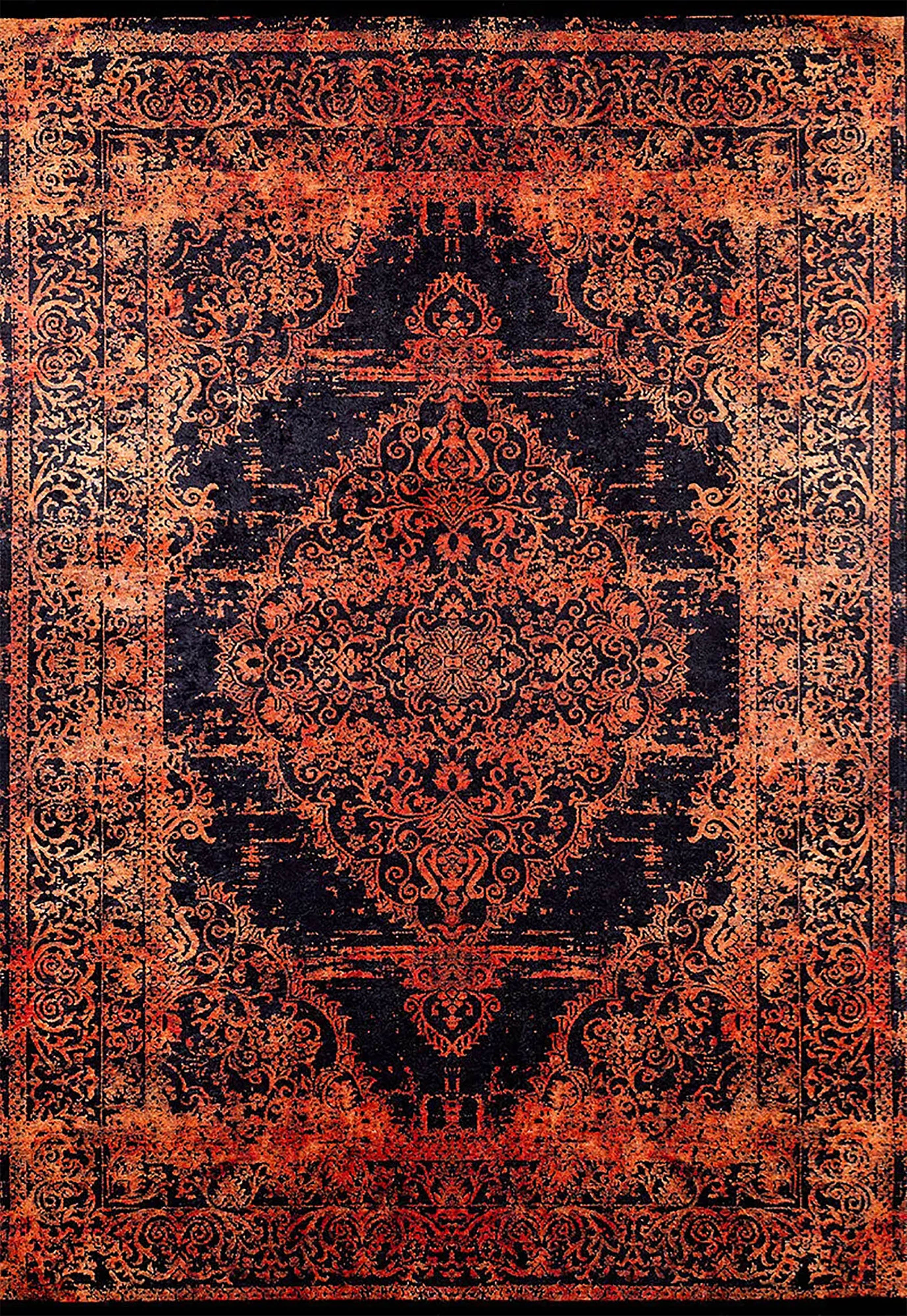 Saanvi Distressed Turkish Orange Black Medallion Rug