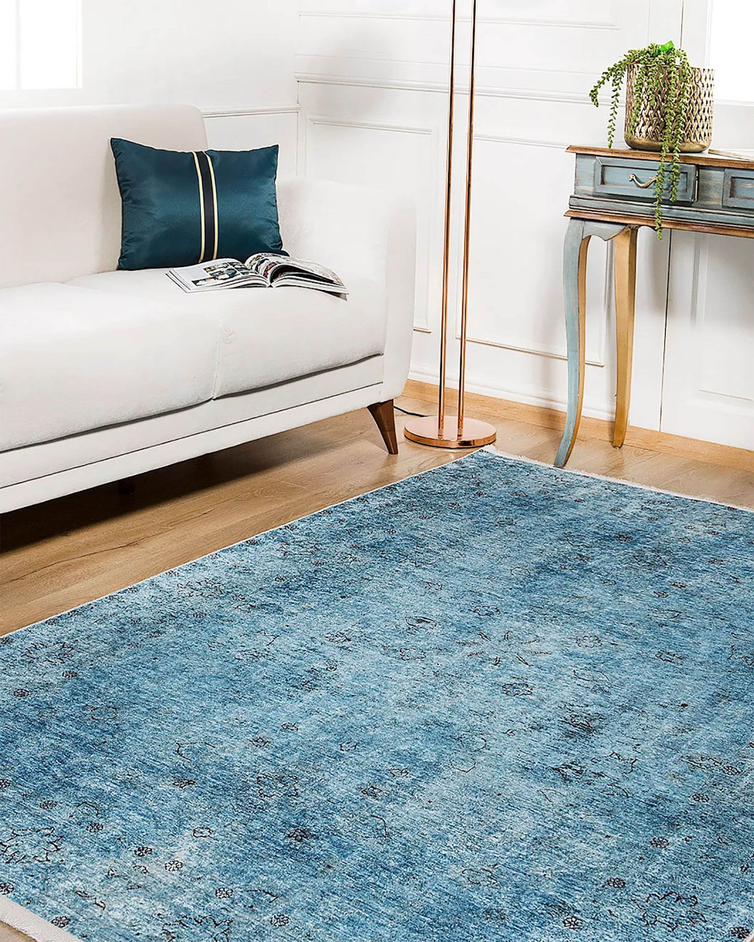 Malayah Turkish Light Blue Oushak Floral Area Rug