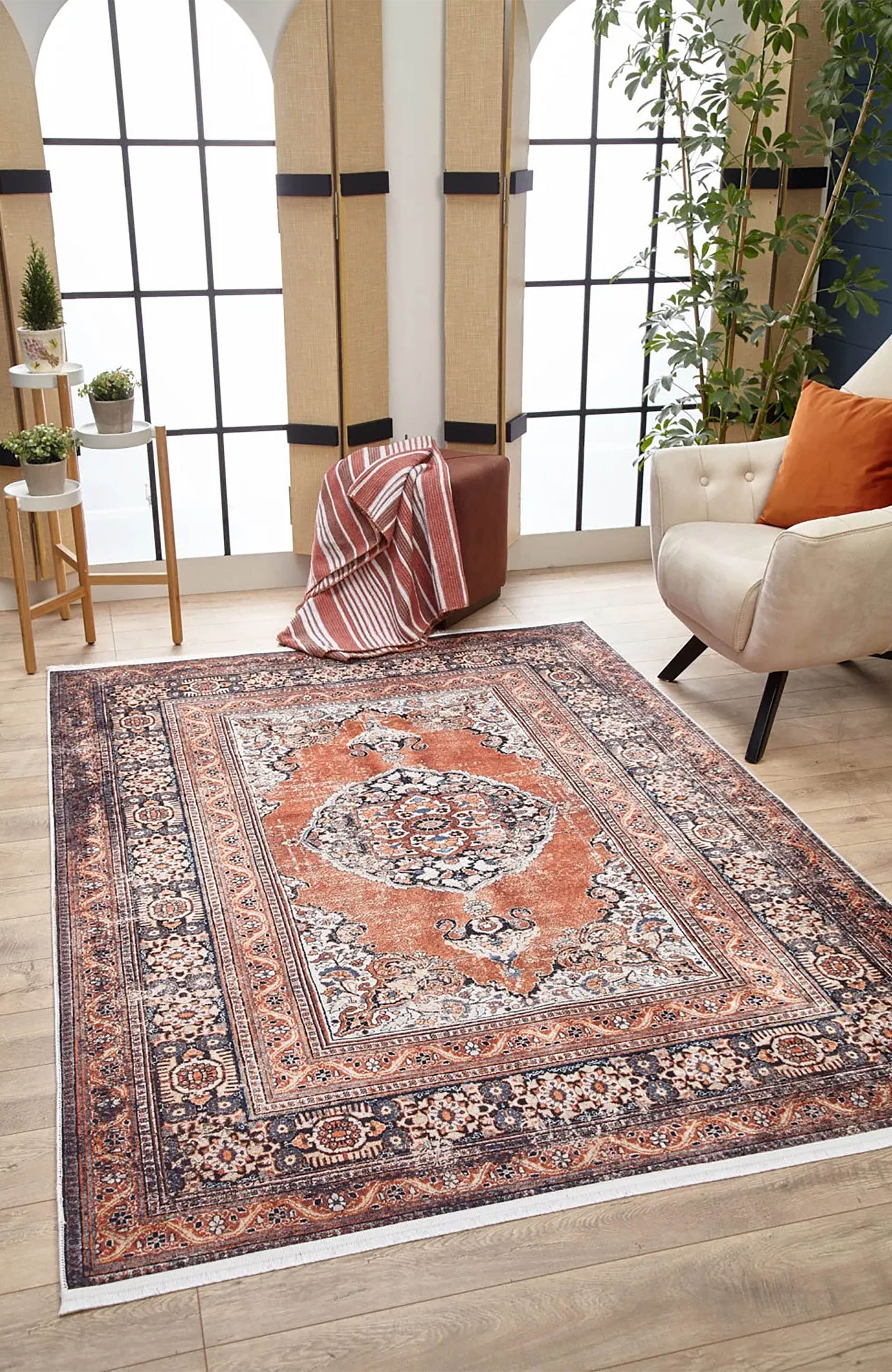 Gaye Turkish Orange Medallion Geometric Rug